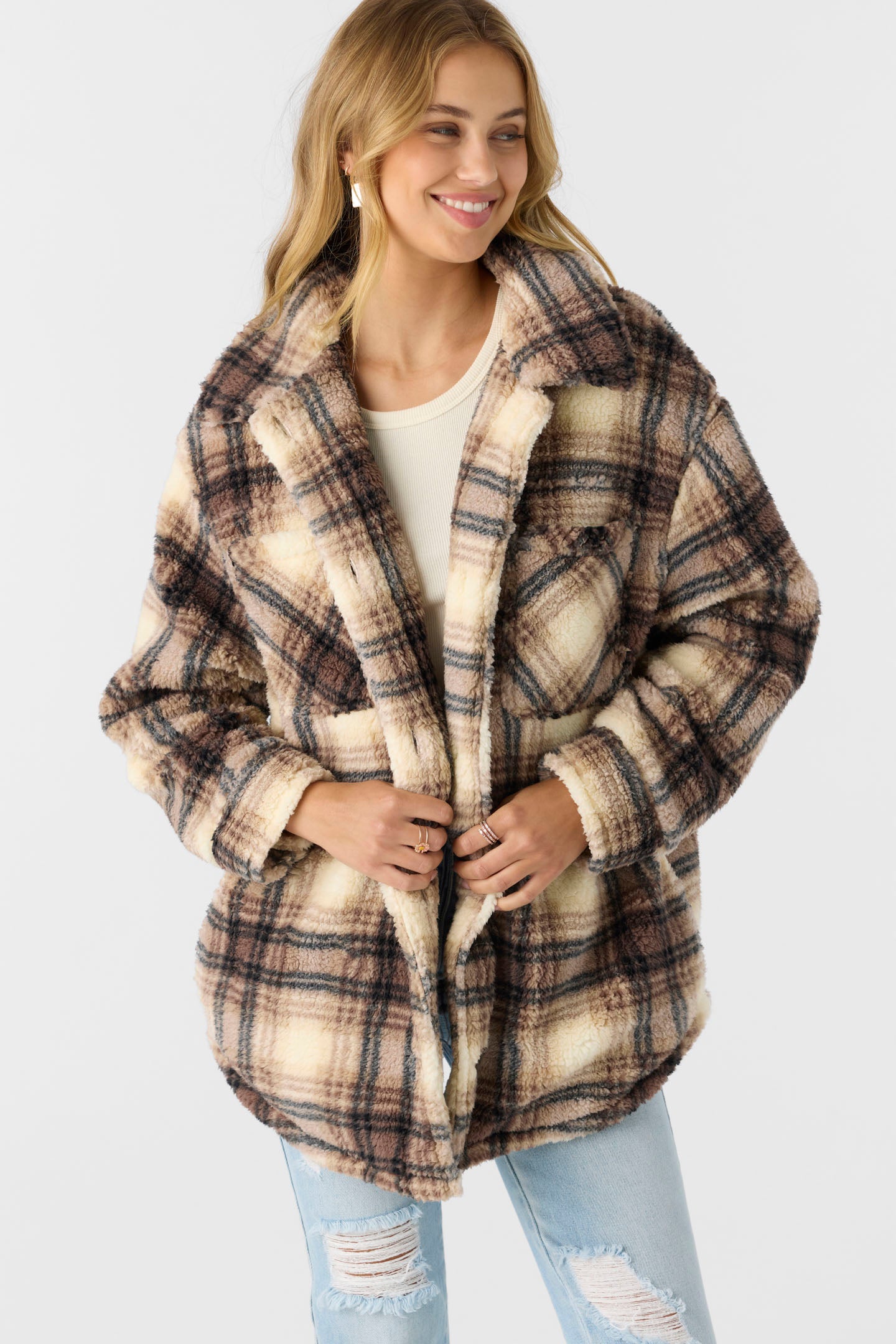 Heath Plaid High Pile Oversized Fleece Jacket Tobacc Brw O'Neill