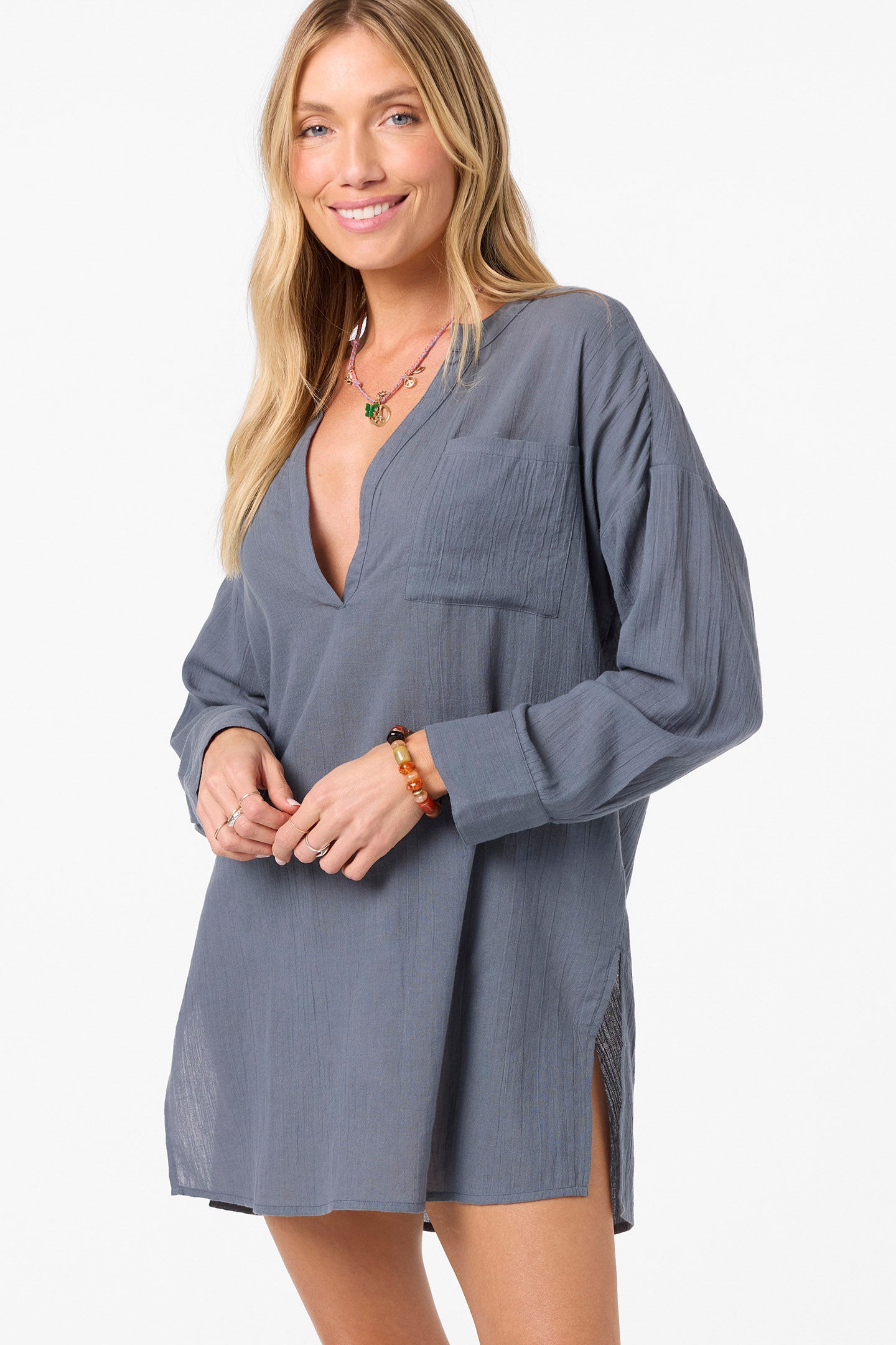 long sleeve dress cover up Belizin Cover-Up - Slate LONG-SLEEVE-TWIST-DRESS LCW Modest Loose Fit rolled hems Color:Morning Fog Grey