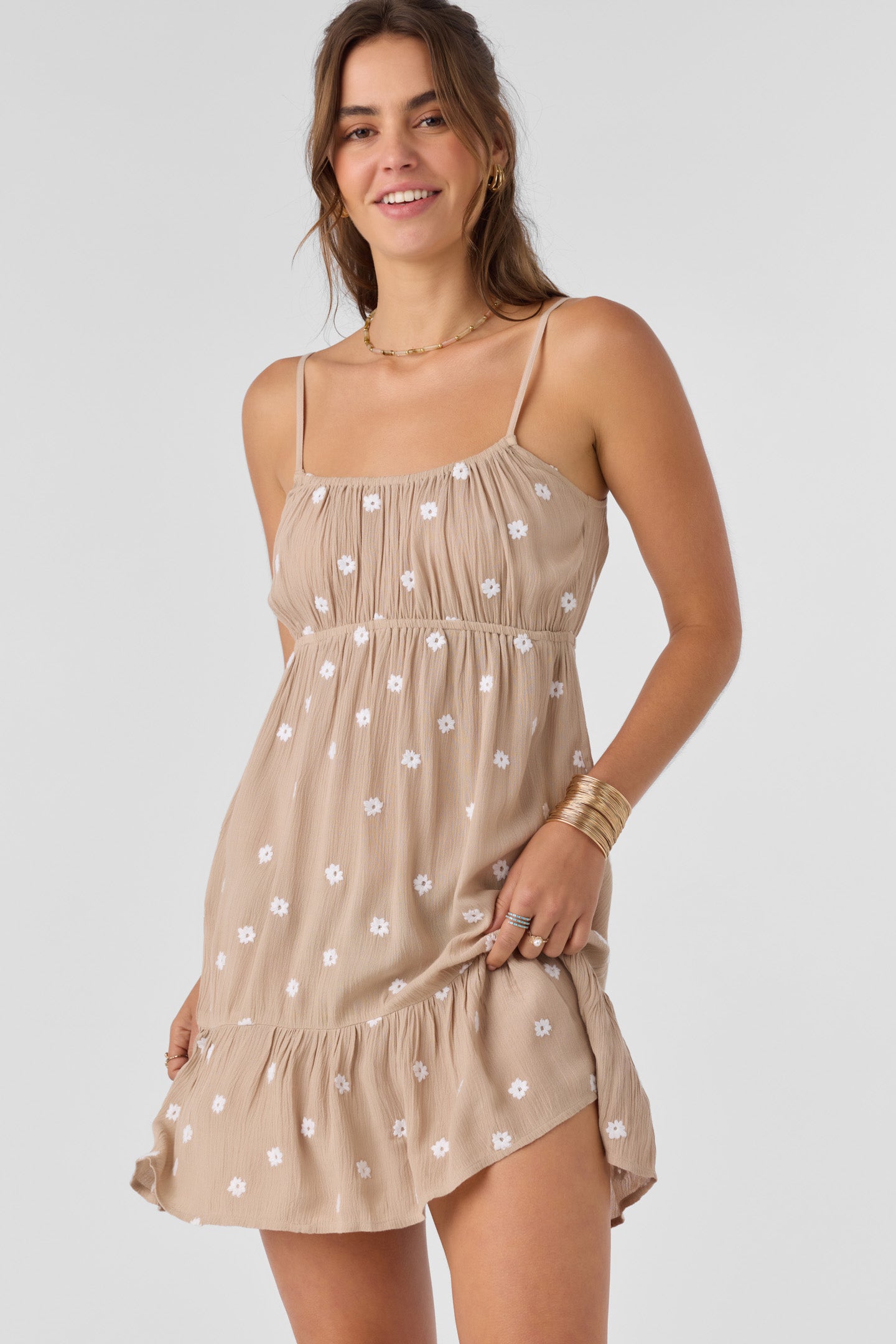 Beige Dress Short Embroidered Short Semi-Formal Party Dress with Straps  Champagne / XSmall