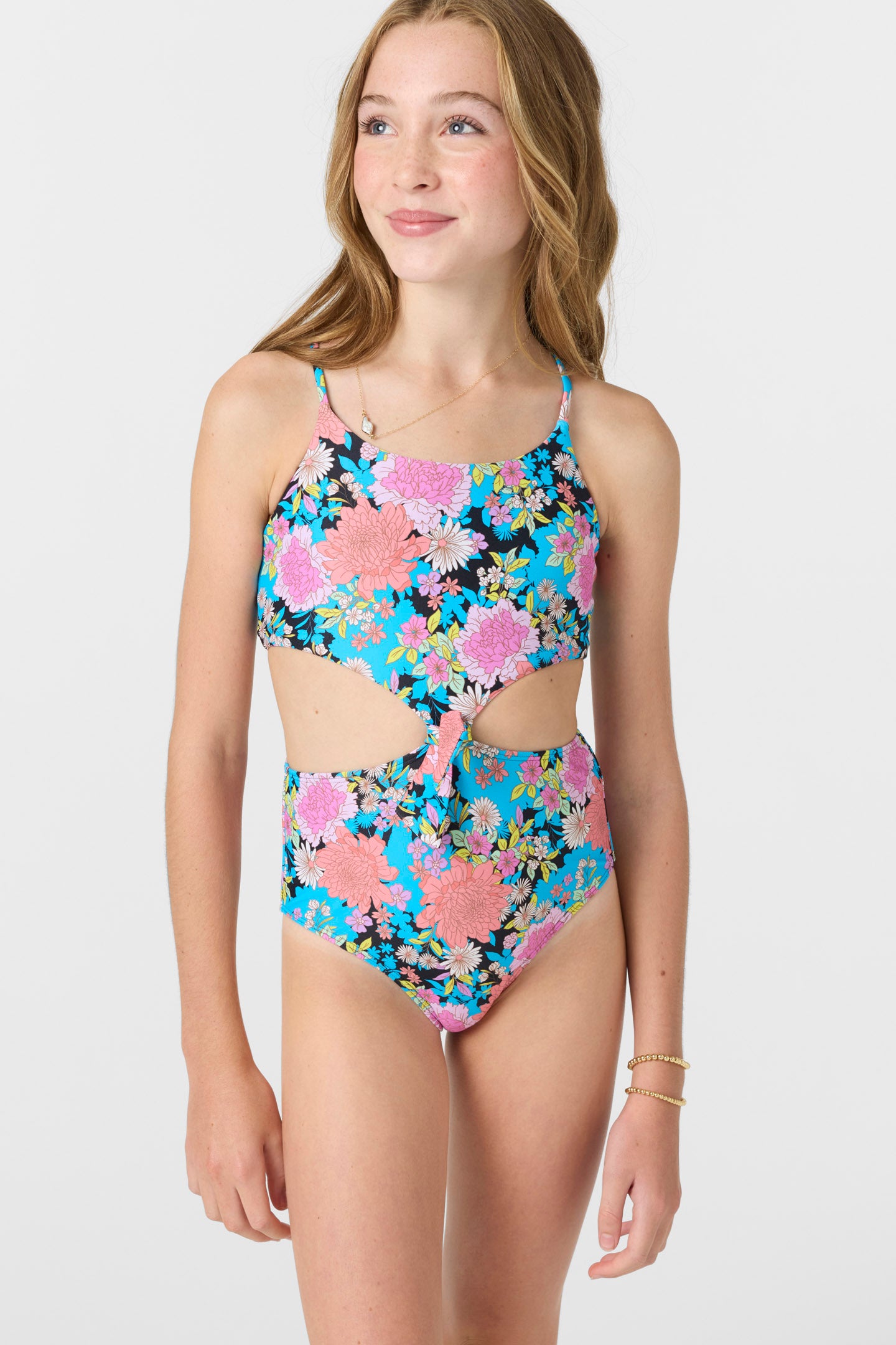 Tween Girl Gingham Ruched Cut Out Knot Front One Piece Swimsuit For