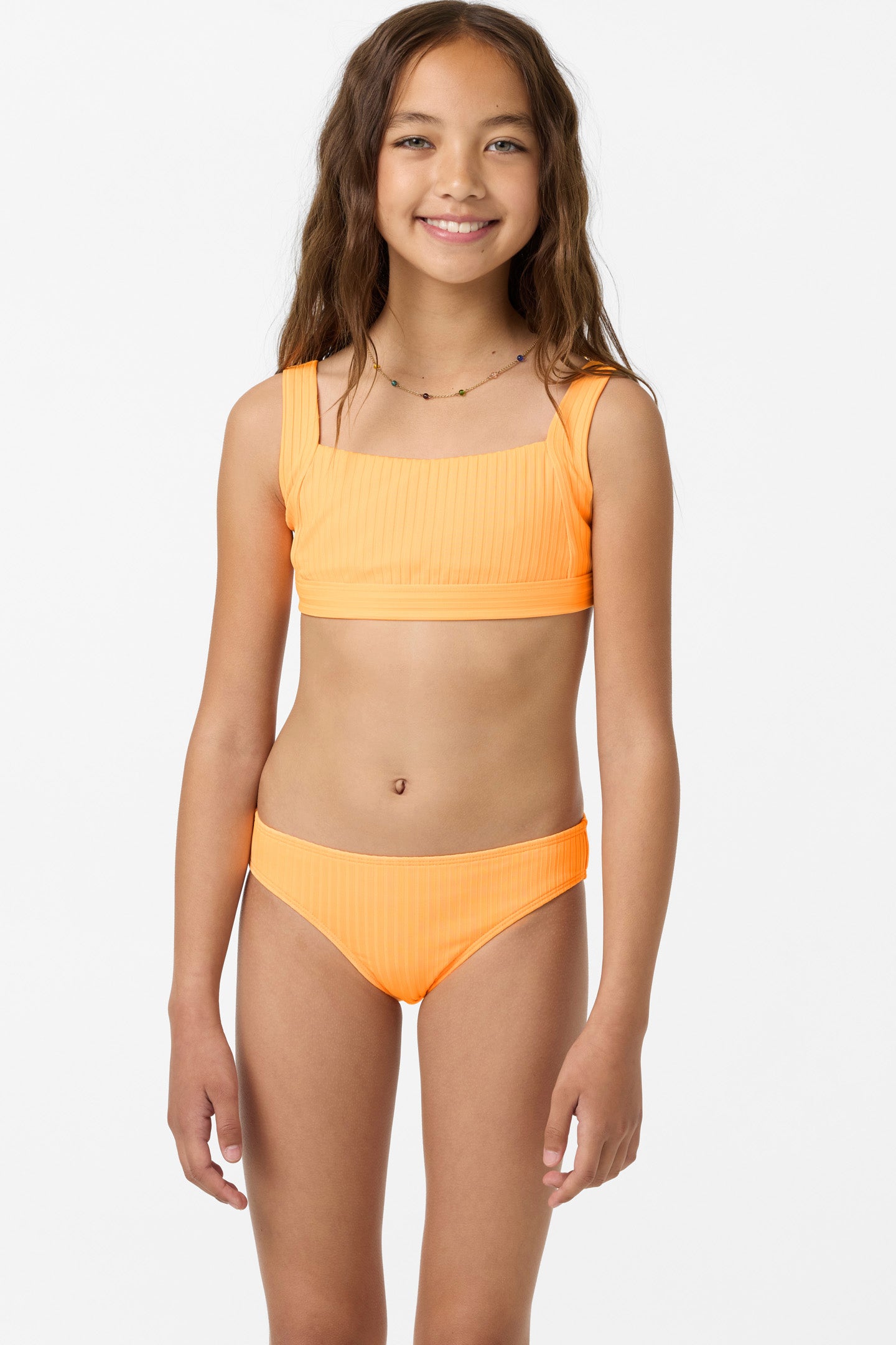 Girl's Shorebreak Rib Square Neck Set Swim Sets - Neon Apricot