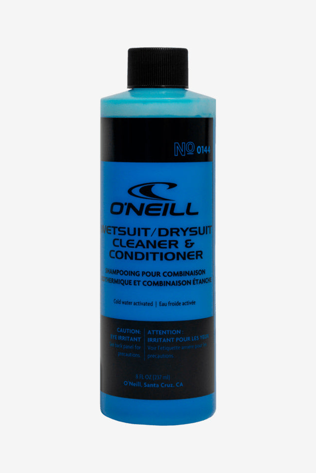 Blue bottle of O'Neill wet suit cleaner and conditioner on a white background
