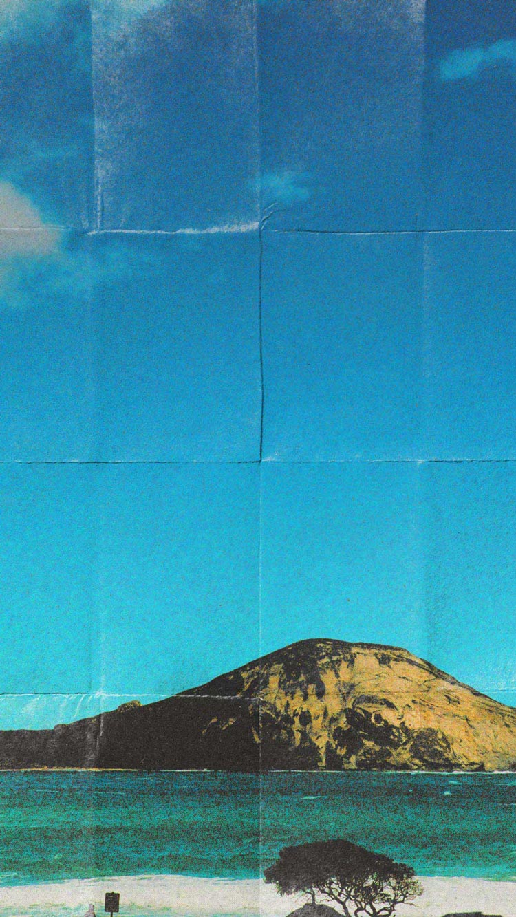 Collage of a mountain and beach with a blue sky.