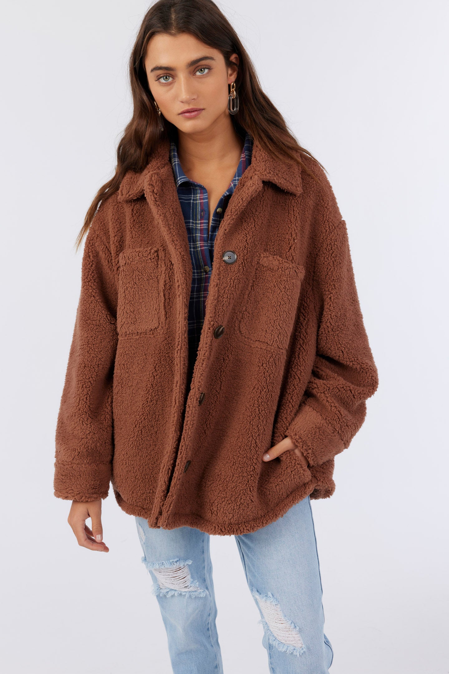 火々折(灰草)∶over loose jacket Heath High Pile Oversized Fleece Jacket - Tobacco | O'Neill