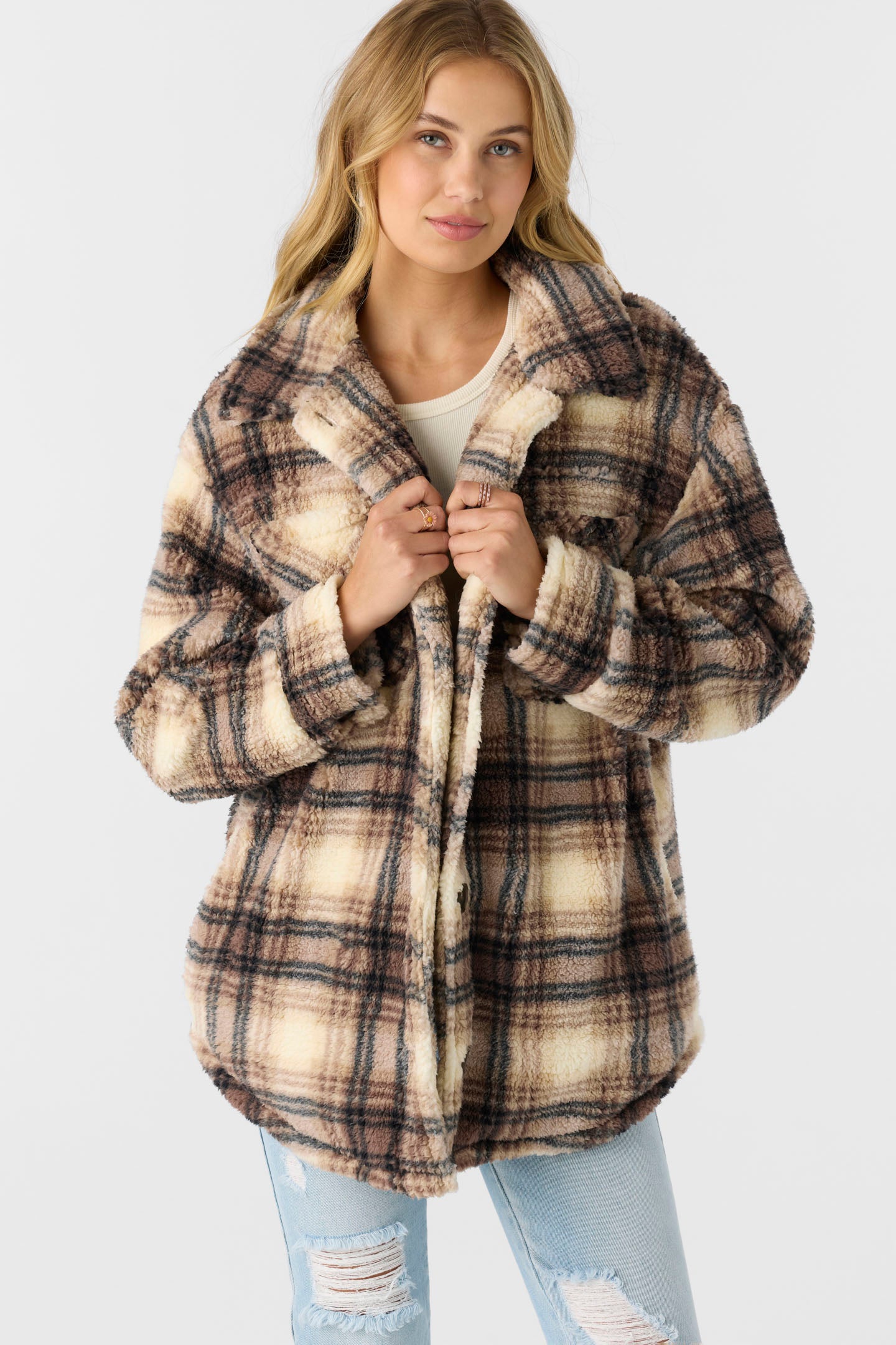 HEATH PLAID HIGH PILE OVERSIZED FLEECE JACKET