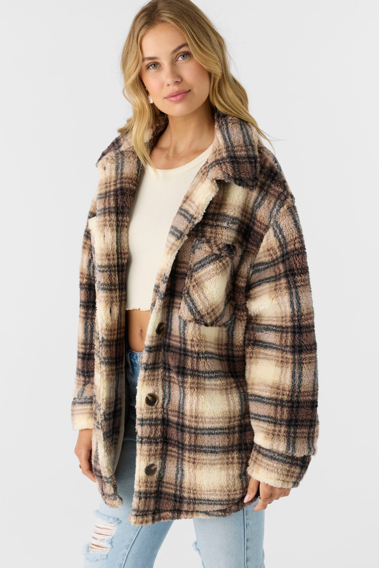 Heath Plaid High Pile Oversized Fleece Jacket - Tobacc Brw | O'Neill