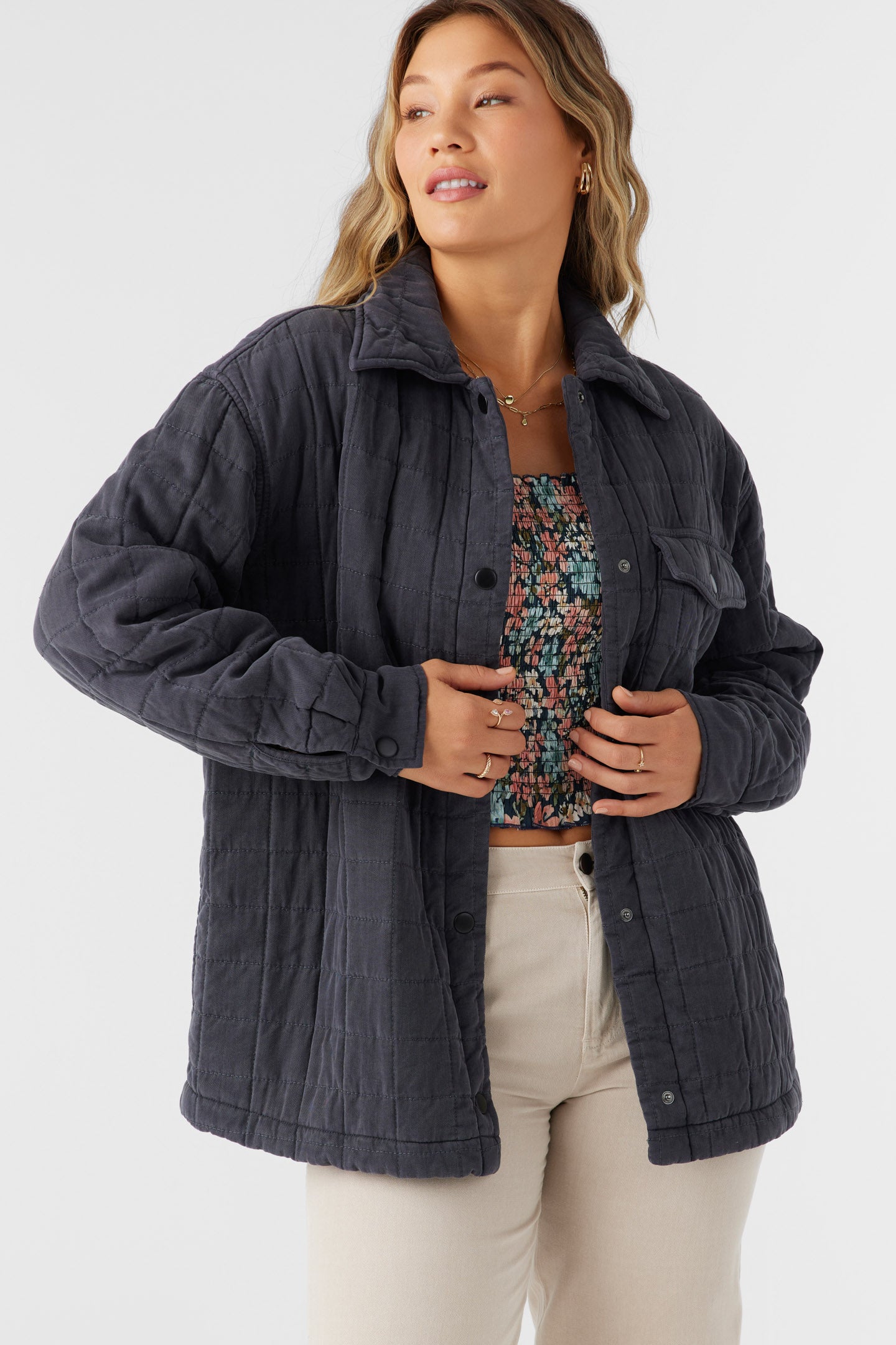 RYA QUILTED OVERSIZED FIT SNAP FRONT JACKET