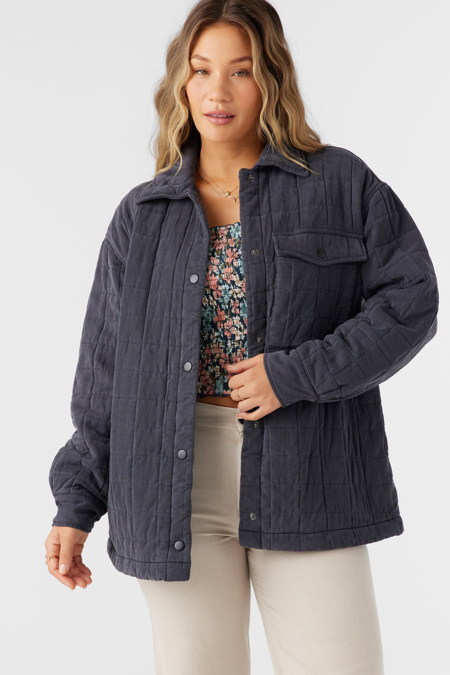 Rya Quilted Oversized Fit Snap Front Jacket - Washed Black | O'Neill