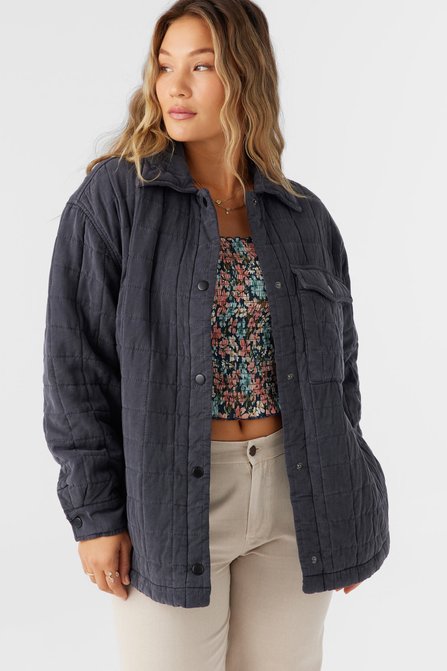 Rya Quilted Oversized Fit Snap Front Jacket - Washed Black | O'Neill