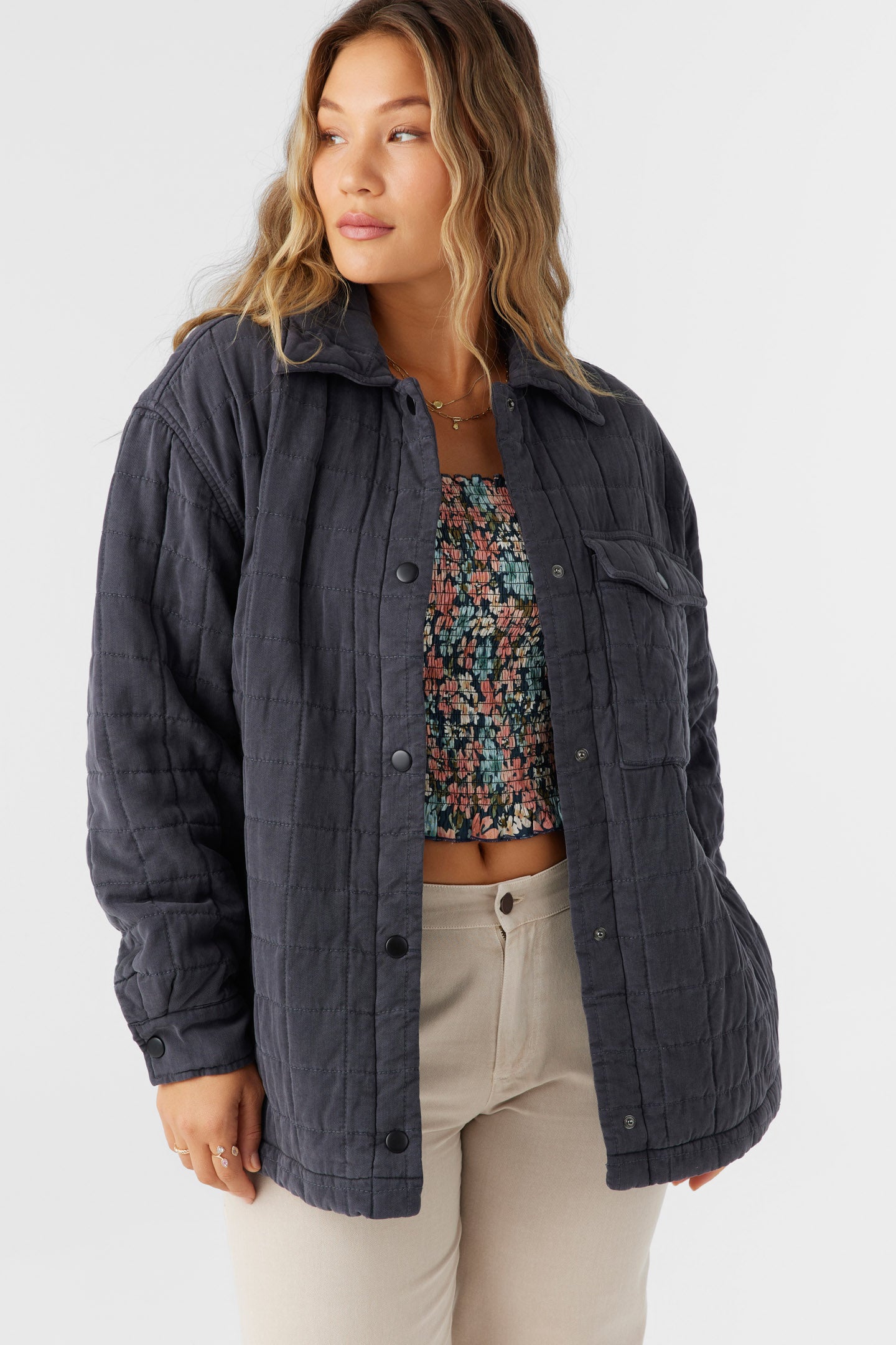 RYA QUILTED OVERSIZED FIT SNAP FRONT JACKET