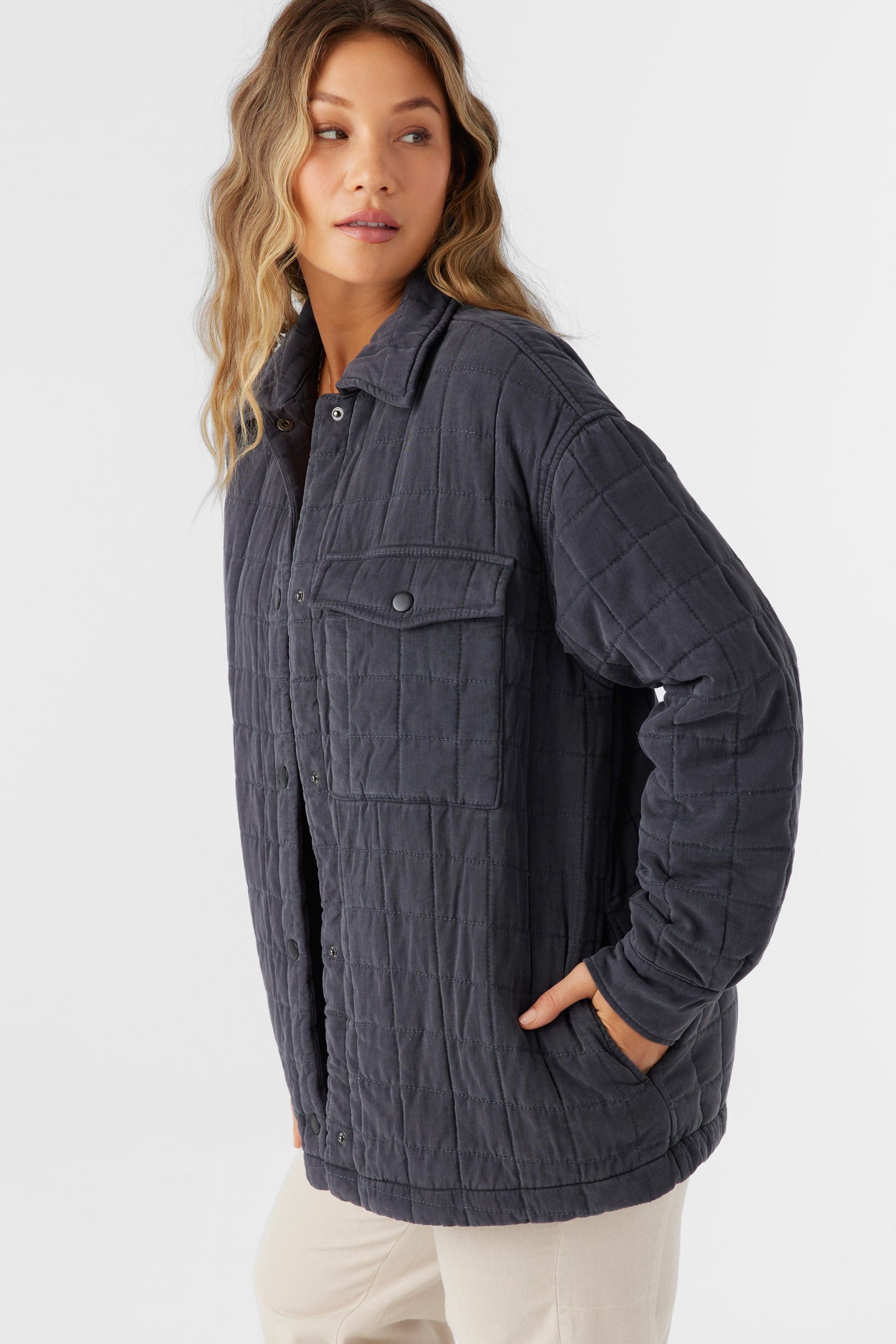 Rya Quilted Oversized Fit Snap Front Jacket - Washed Black | O'Neill