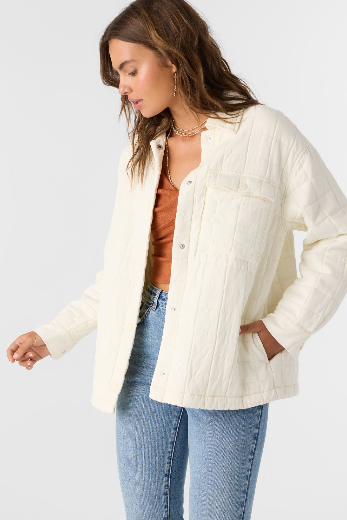 Rya Quilted Oversized Fit Snap Front Jacket - Winter White | O'Neill