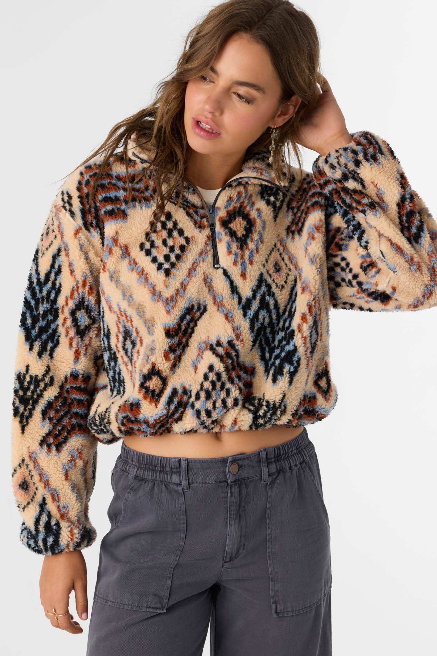 KACEY PALMER PRINT HIGH PILE FLEECE PULLOVER