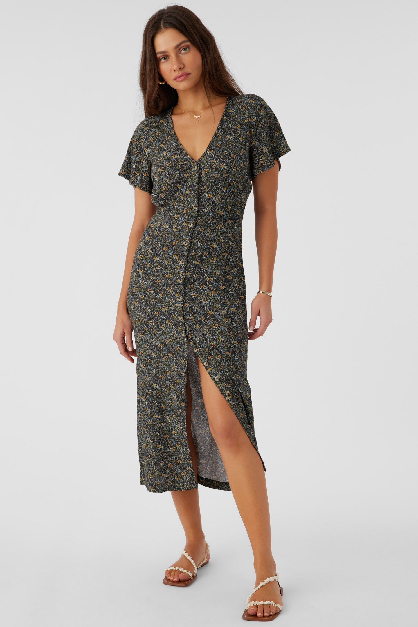 RAYNEY AVA DITSY BUTTON FRONT MIDI DRESS