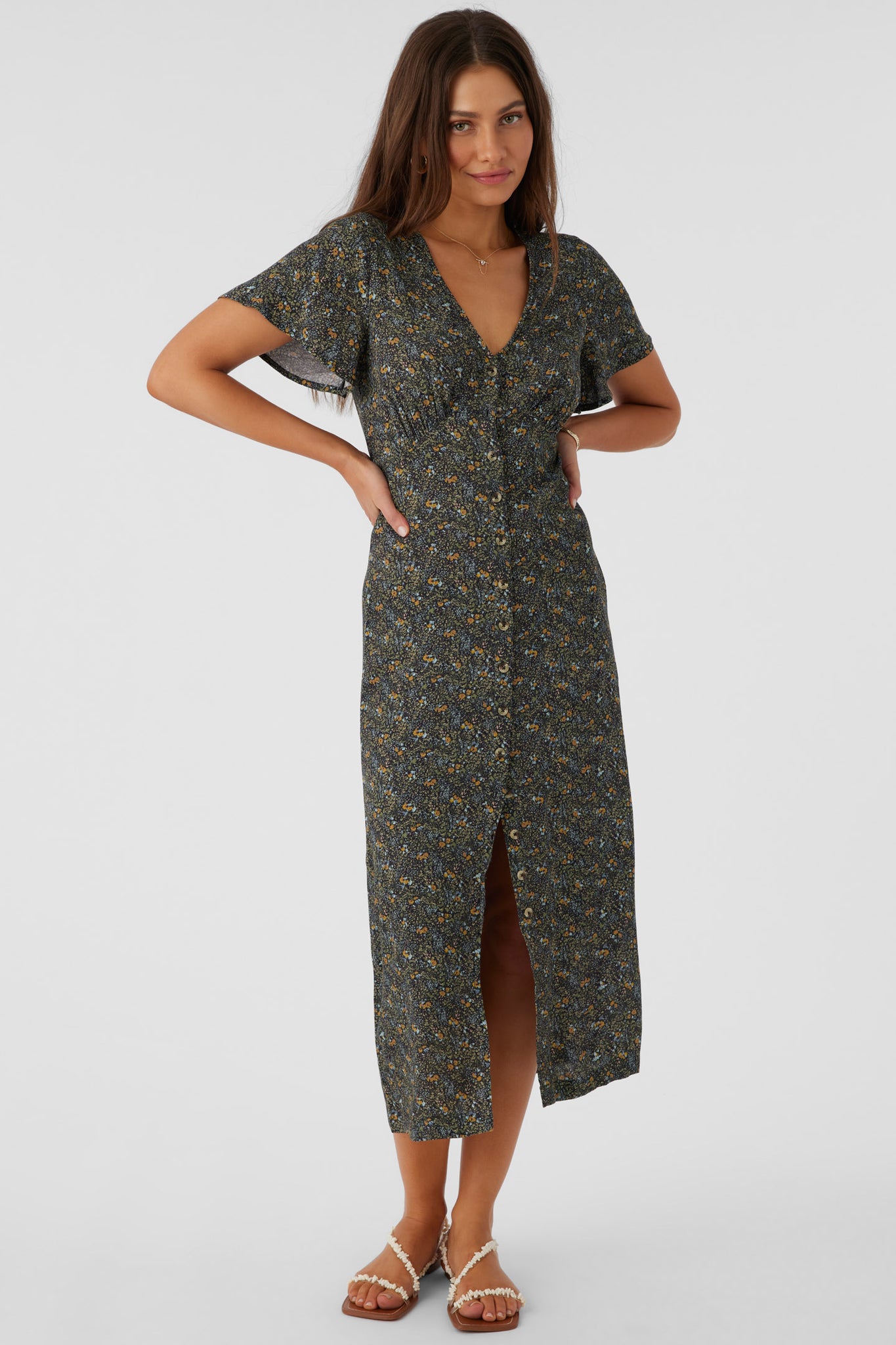 RAYNEY AVA DITSY BUTTON FRONT MIDI DRESS