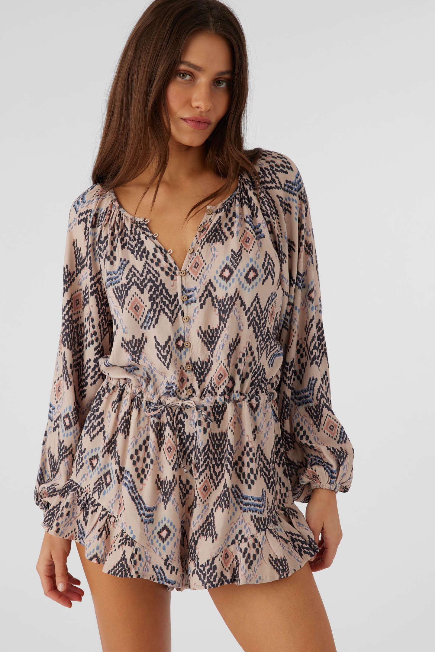 Scarlette Palmer Print Long Sleeve Romper - Cement | O'Neill