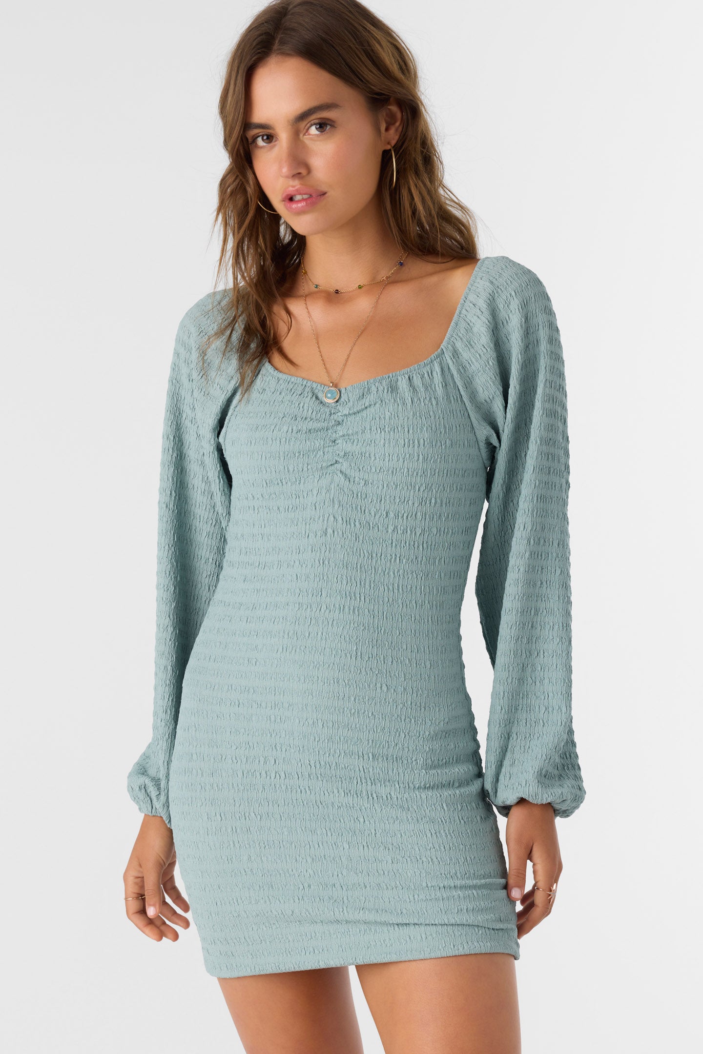 TEGAN SMOCKED KNIT LONG SLEEVE MINI DRESS