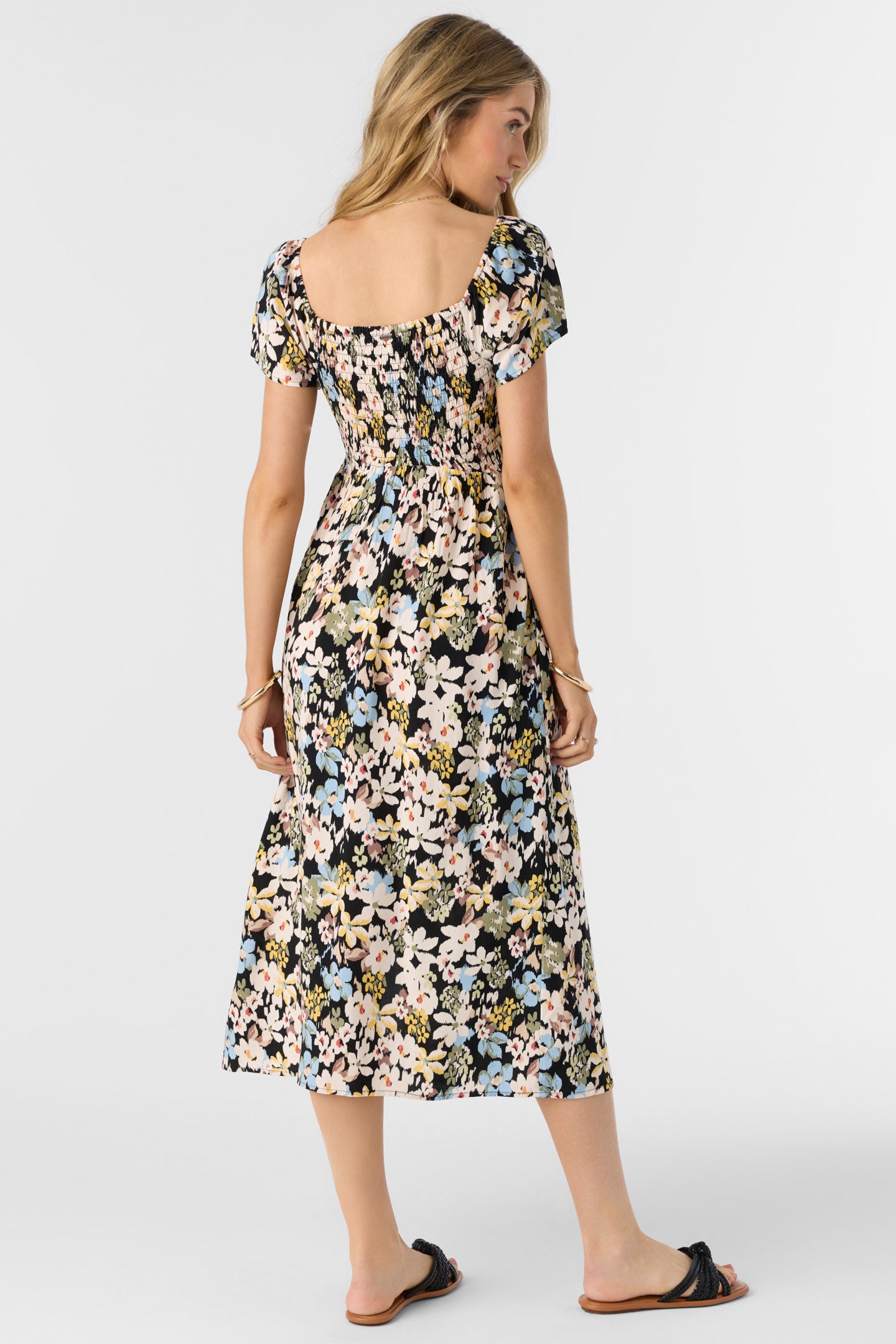 knee length dresses for ladies All The Good Black Ditsy Floral Ruffled Midi Dress – Shop the Mint main image 1