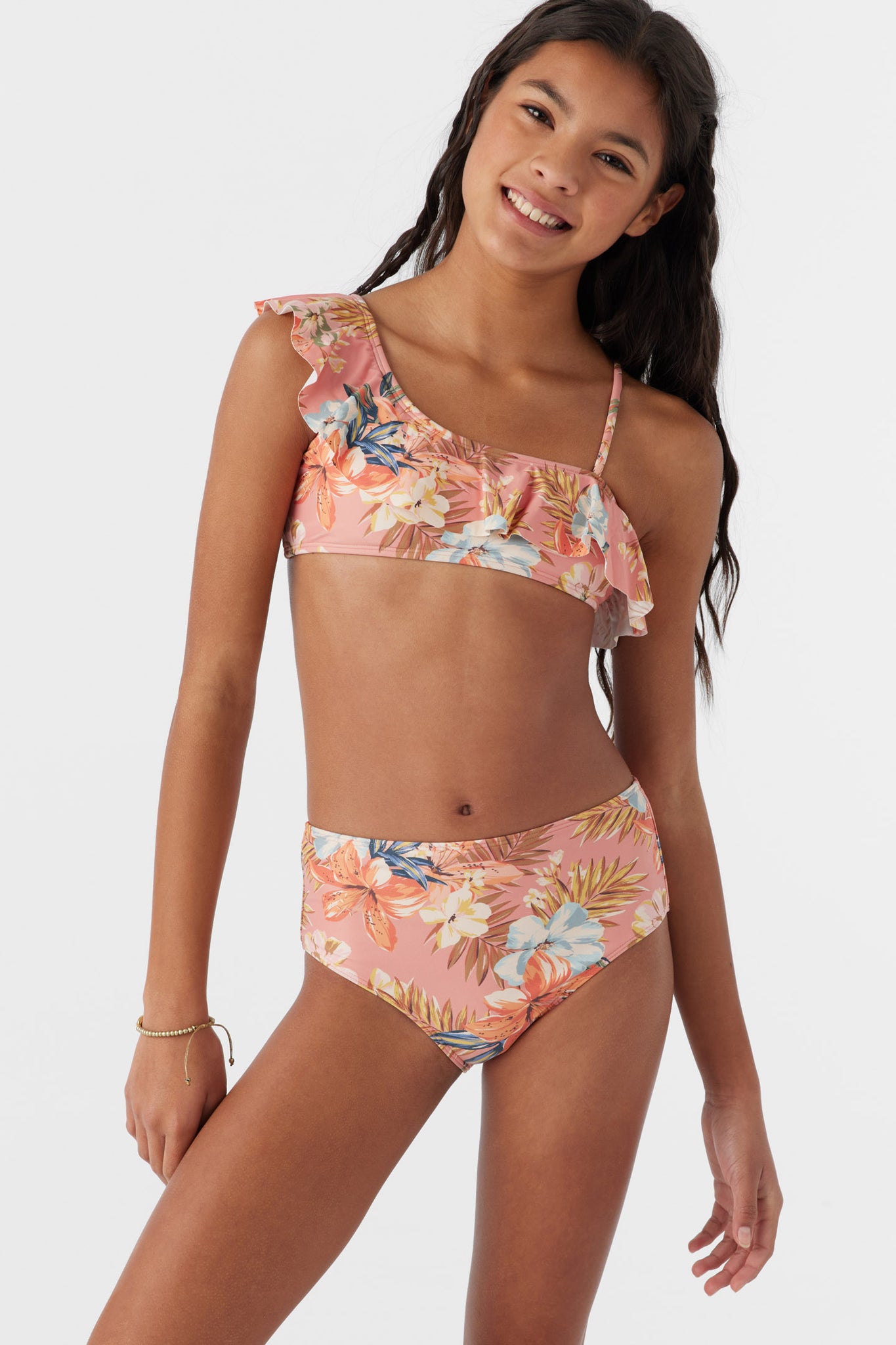 GIRL'S PUNTA TROPICAL ASYMM RUFFLE BANDEAU TOP SET