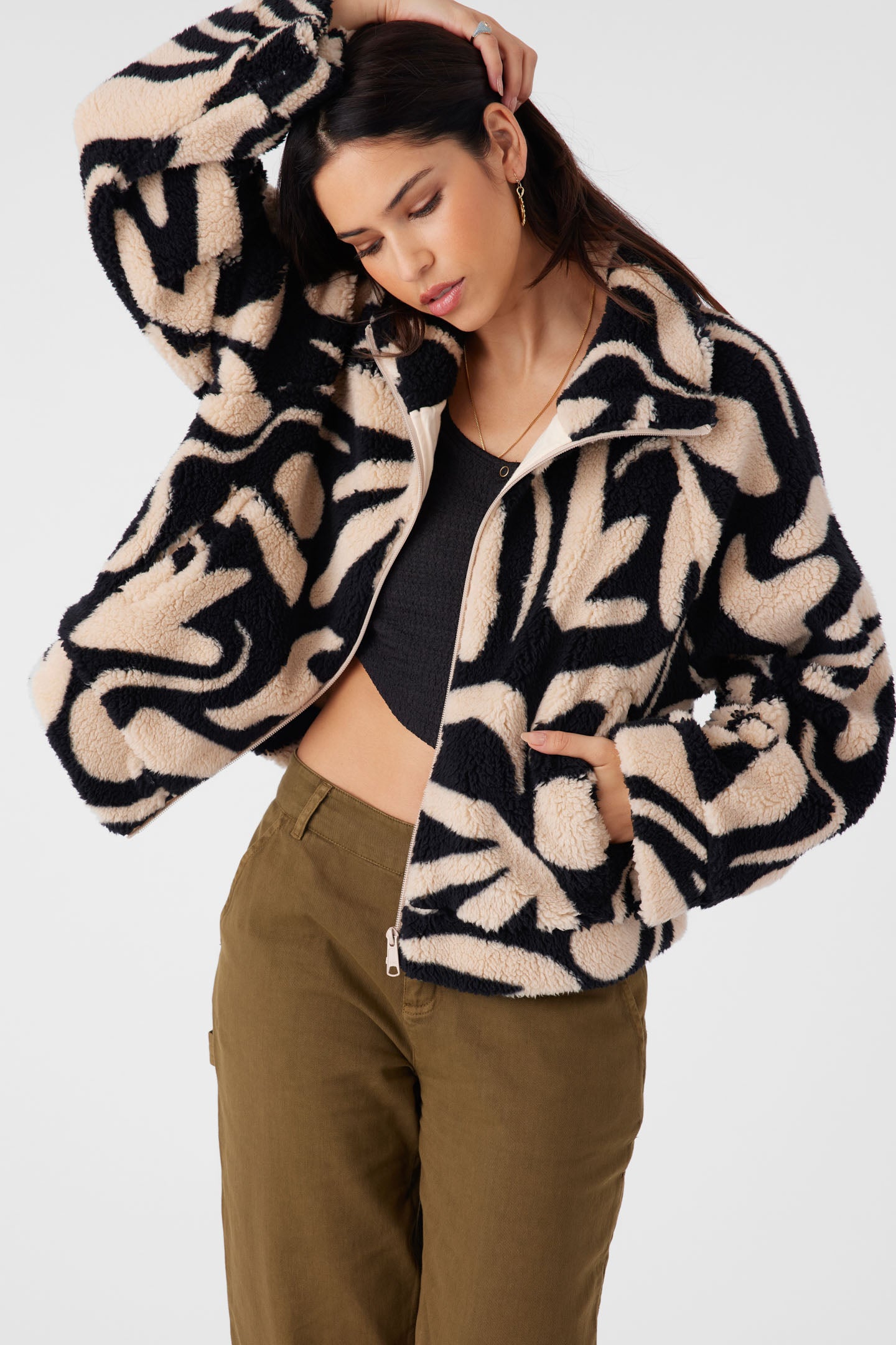 ジャケット・アウター blank Carties Cros JKT Rori Beach Hut Geo High Pile Fleece Cropped Jacket - Cement | O'Neill