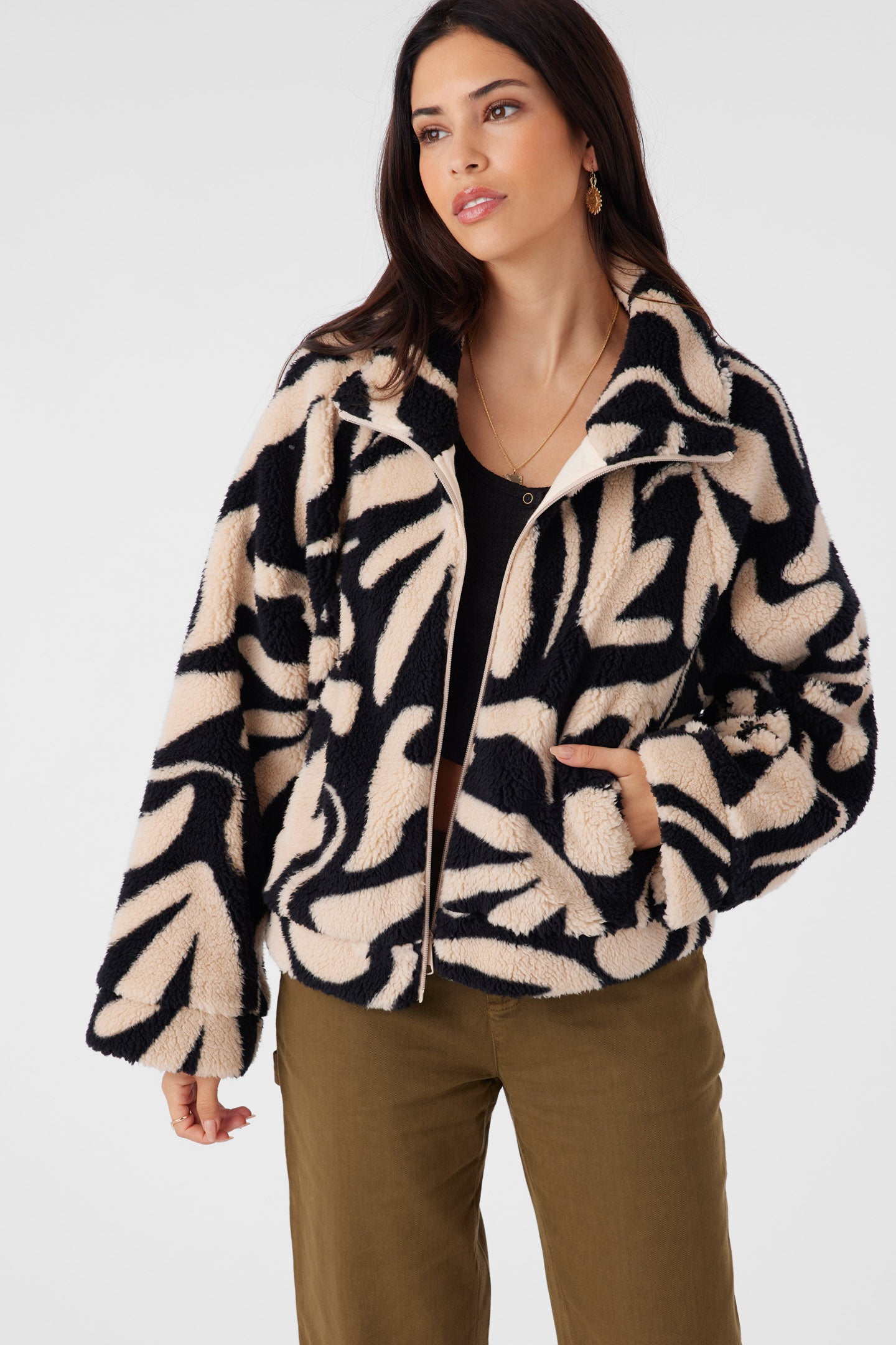 Rori Beach Hut Geo High Pile Fleece Cropped Jacket - Cement | O'Neill