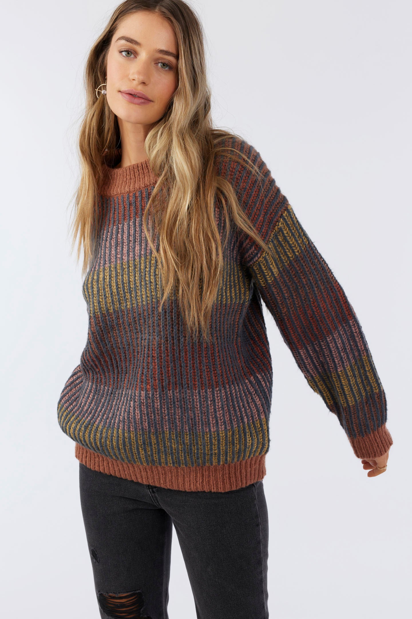 Moreone Women's Oversized Striped Sweater - Quarter Zip Pullover With Side Slits