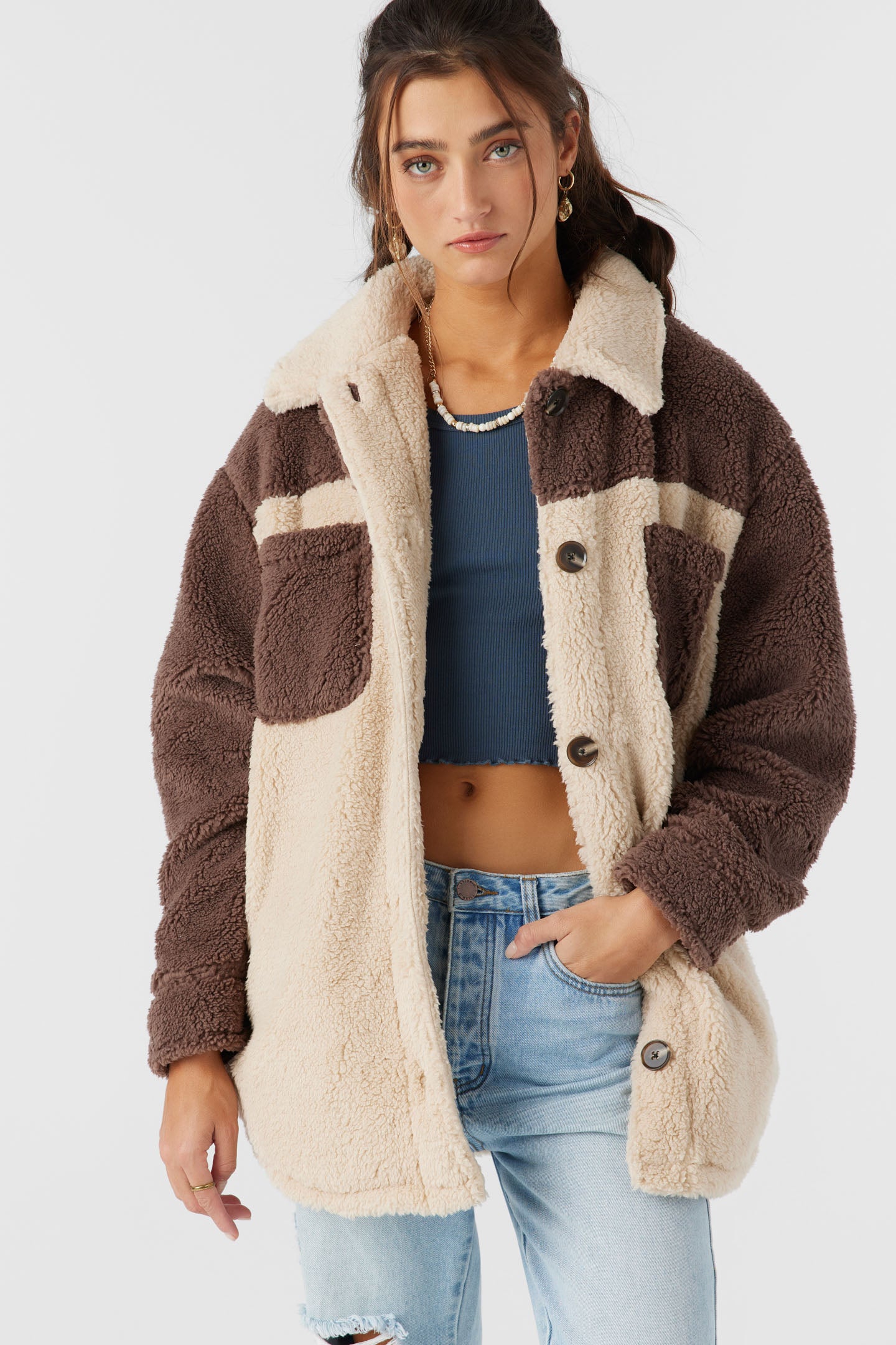 Heath Colorblock High Pile Oversized Fleece Jacket Deep Taupe