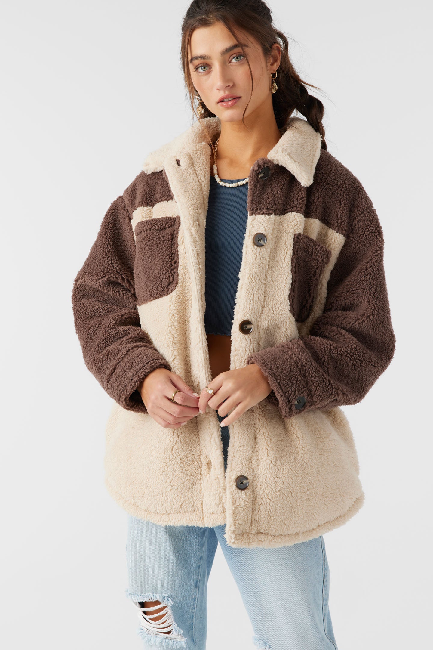 Heath Colorblock High Pile Oversized Fleece Jacket - Deep Taupe