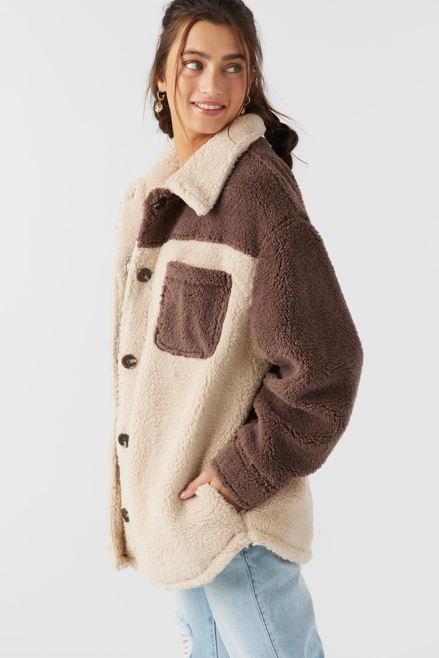 Heath Colorblock High Pile Oversized Fleece Jacket - Deep Taupe