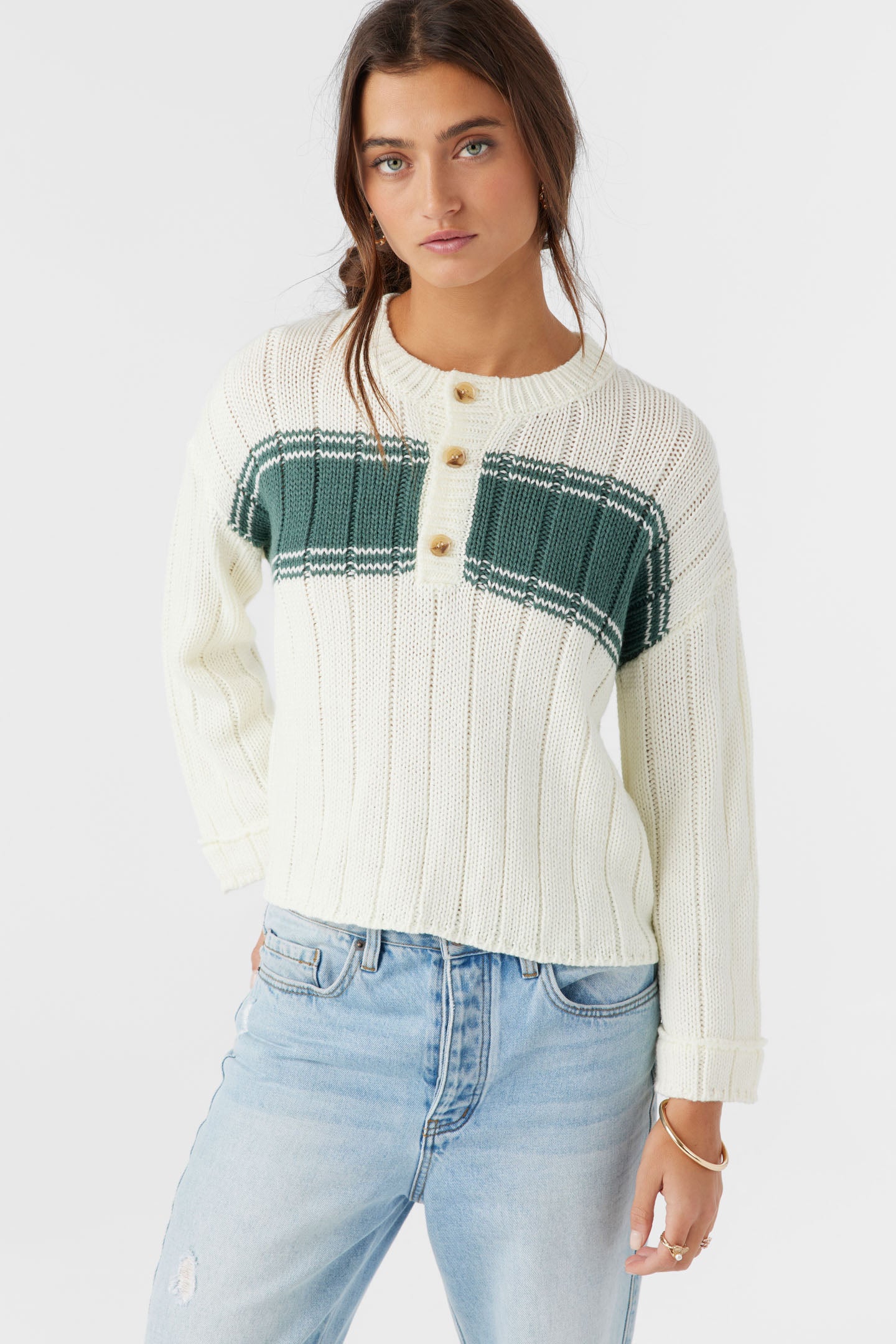 OCEANFRONT STRIPE HENLEY LONG SLEEVE SWEATER