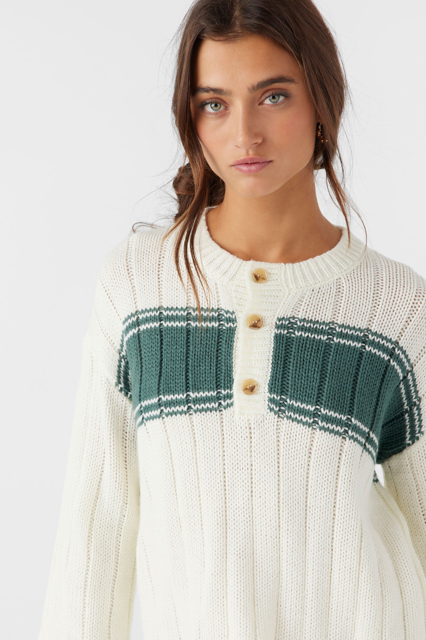 OCEANFRONT STRIPE HENLEY LONG SLEEVE SWEATER