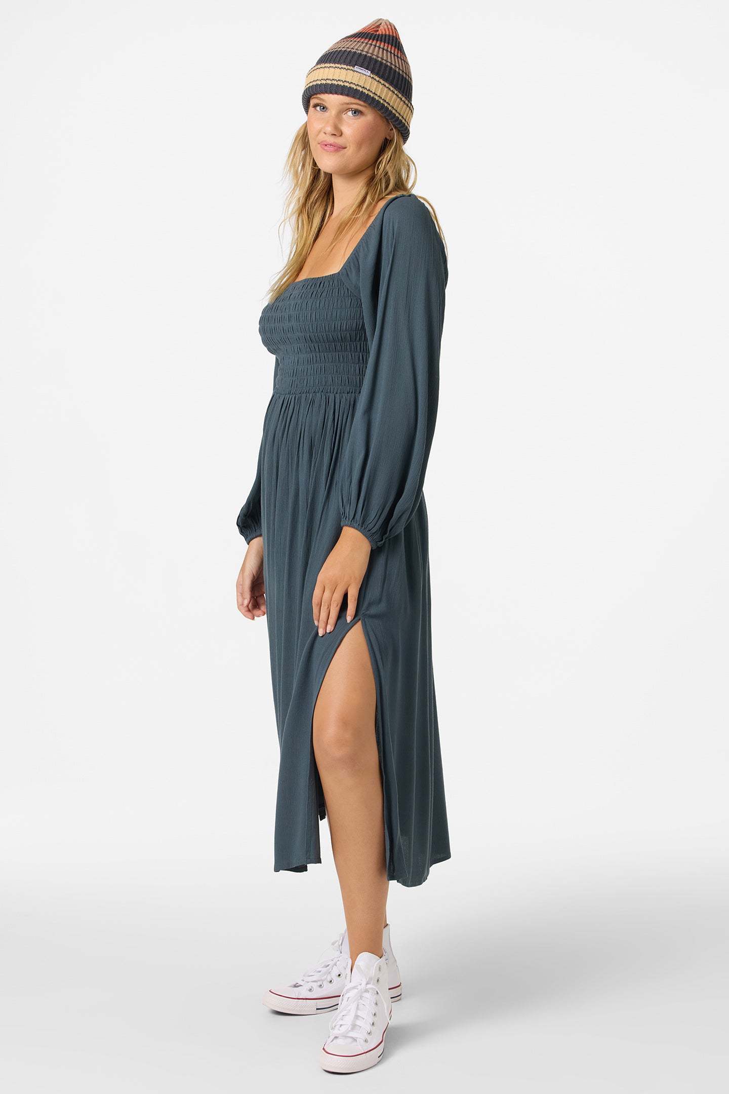 O'Neill Women's Gracyn Smocked Long Sleeve Midi Dress - Slate