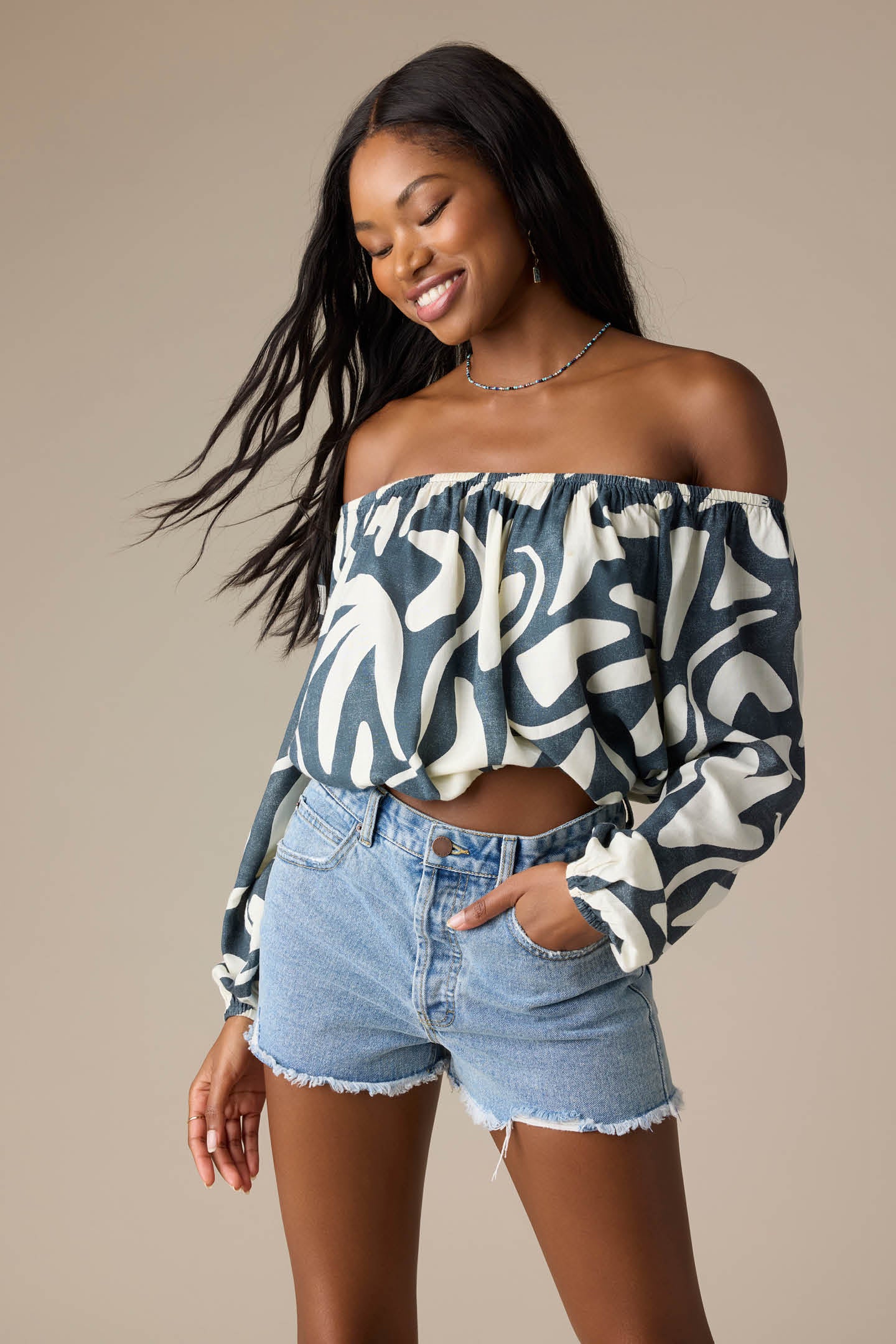 KEYARA BEACH HUT GEO OFF-THE-SHOULDER TOP