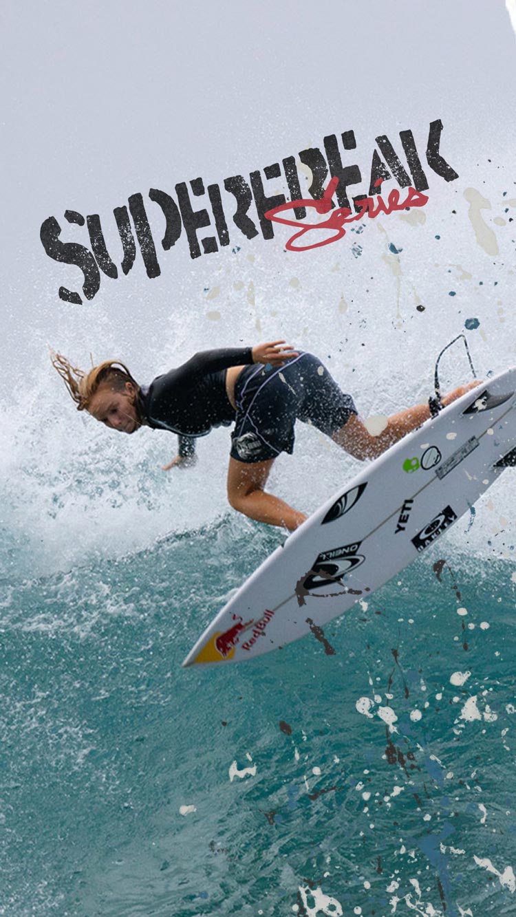 Person surfing with 'Super Freak Series' branding in the background