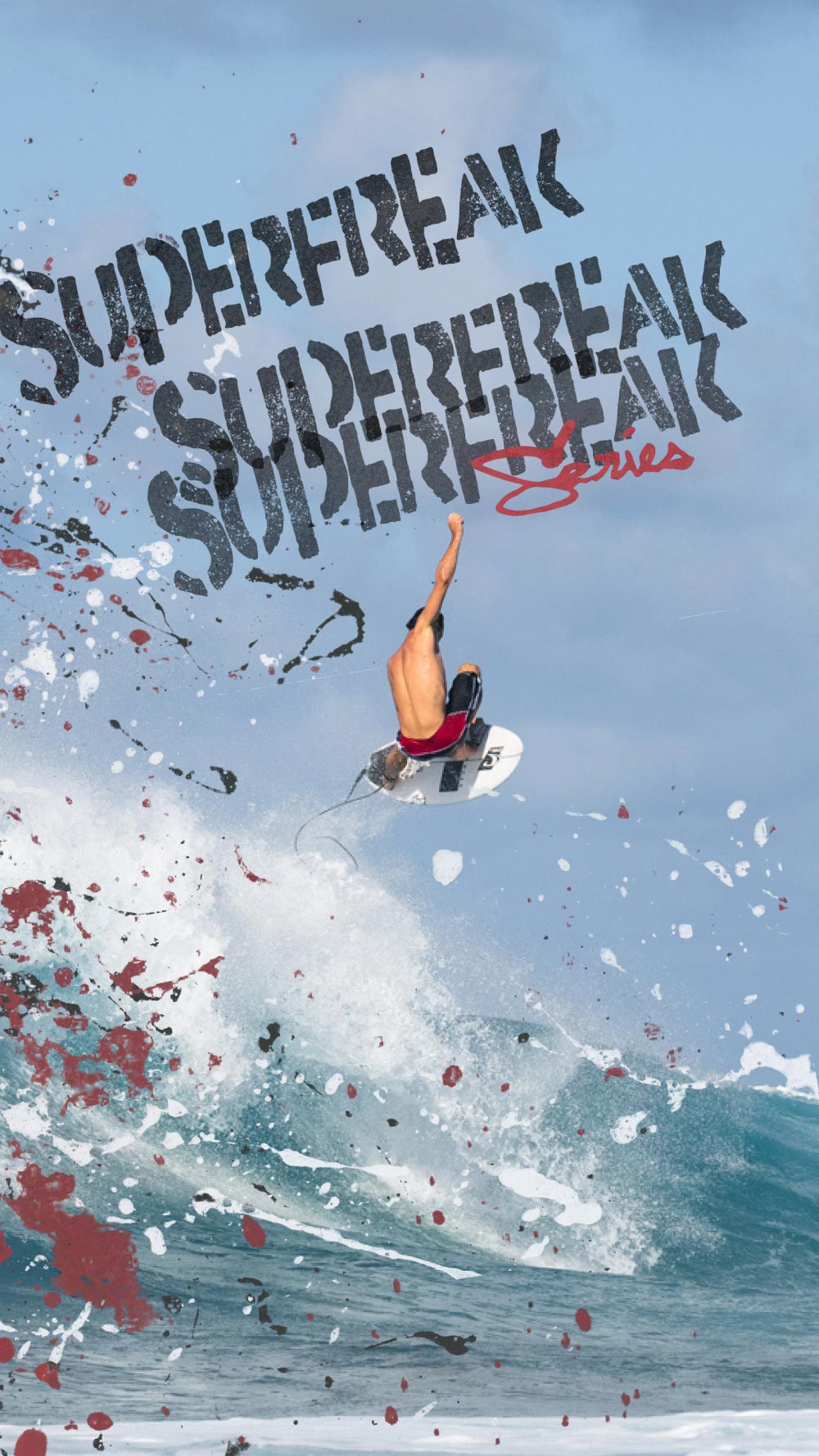 Surfer in mid-air performing a trick with 'Superfreak' branding on a blue sky and ocean background.