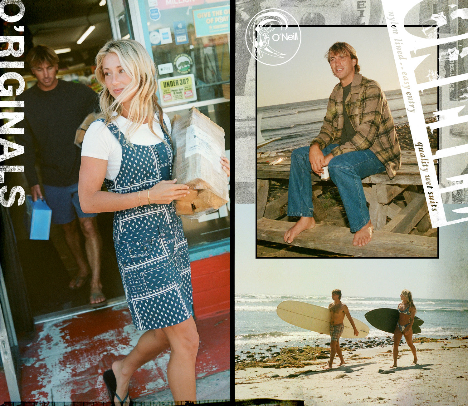 A collage-style promotional image featuring a woman in a blue-and-white polka dot pinafore dress in a storefront, a man sitting on a wooden bench by the beach, and two surfers on a sandy shoreline. 