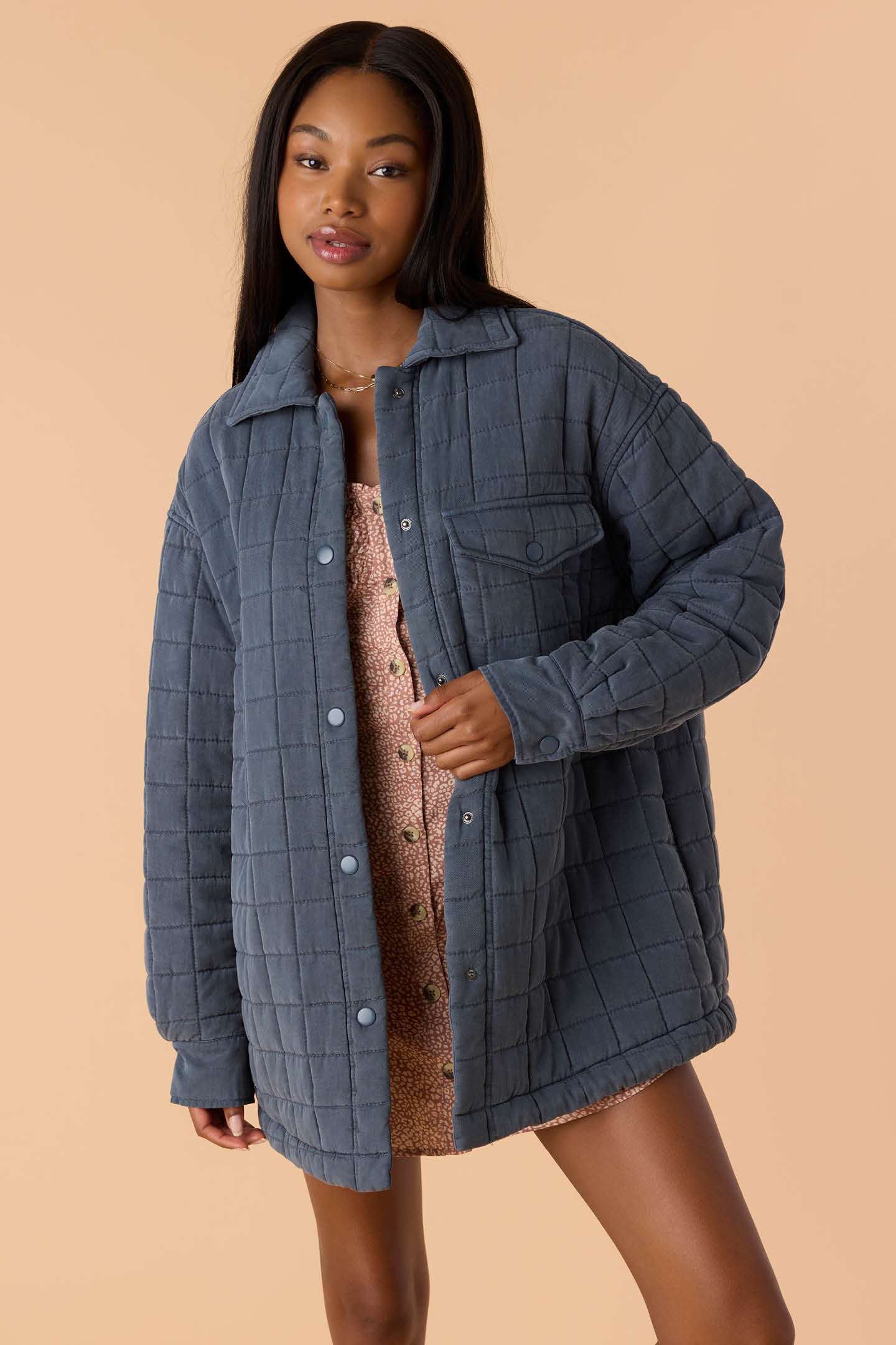 Rya Quilted Oversized Fit Snap Front Jacket - Slate | O'Neill