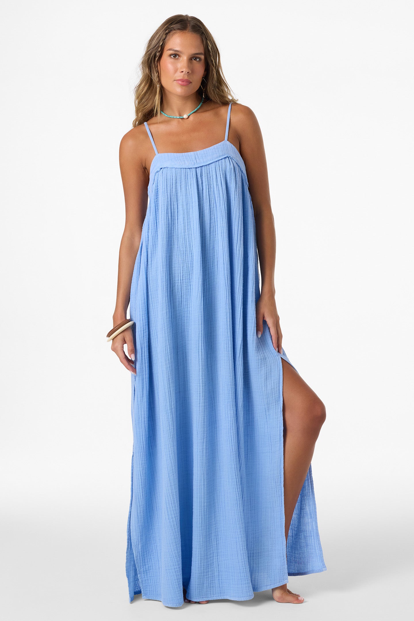 sea glass blue maxi dress Lace-Bodice Long Satin Prom Dress with Open Back Light Blue / 6 main image 1
