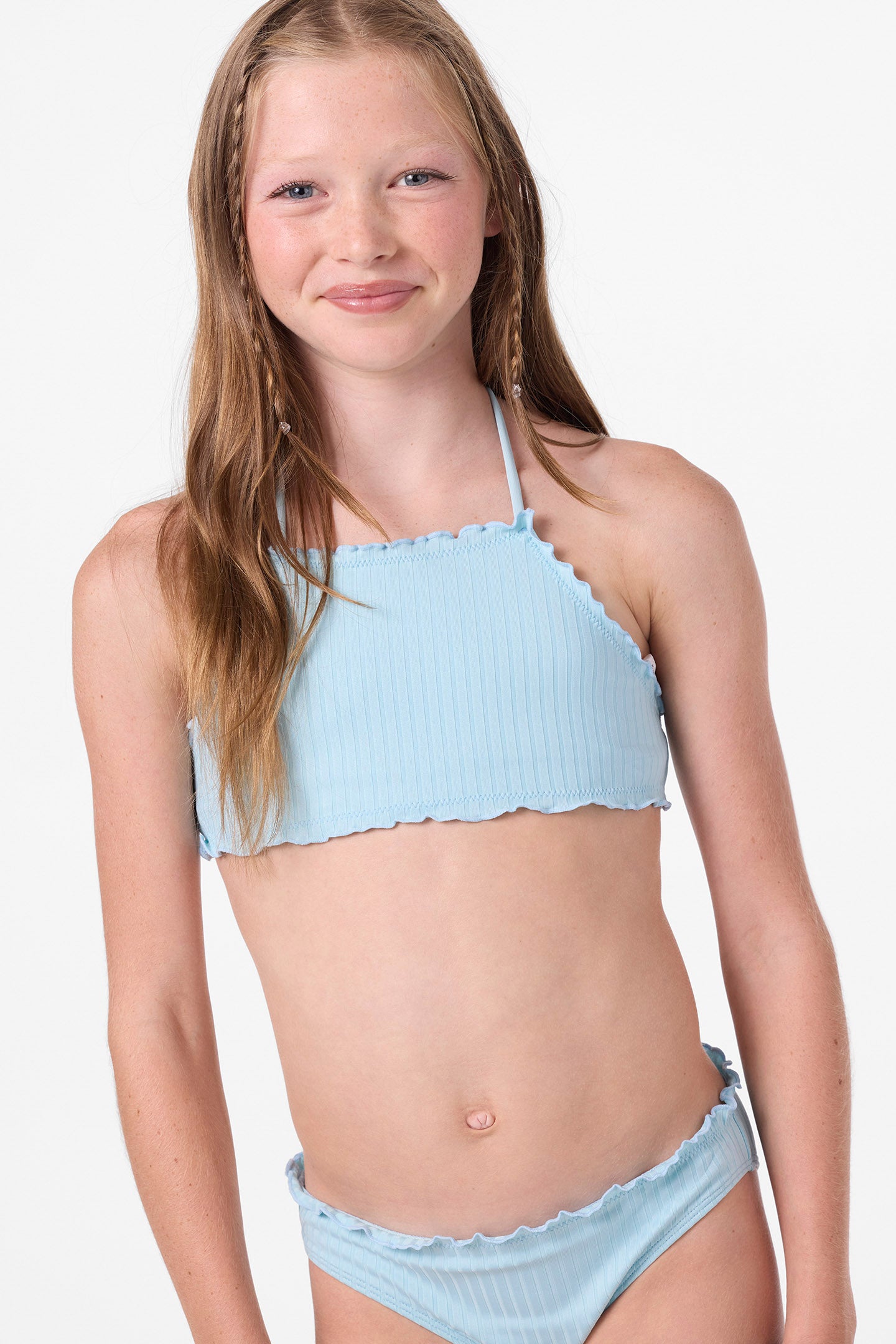 Girl's Shorebreak Rib Ruffle Edge High Neck Set - Stratosphere | O