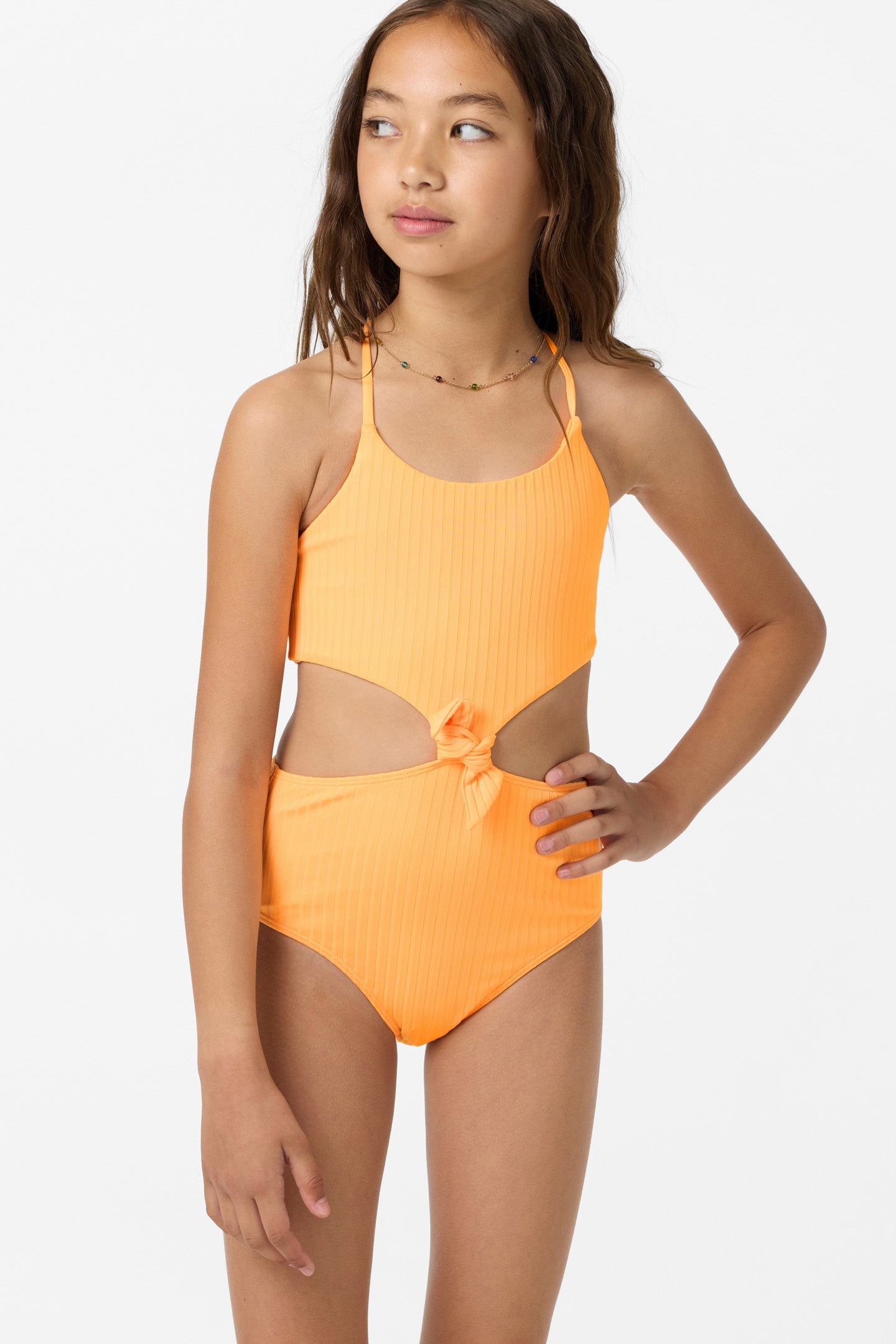 Girl's Shorebreak Rib Knot Front One-Piece - Neon Apricot Nectar
