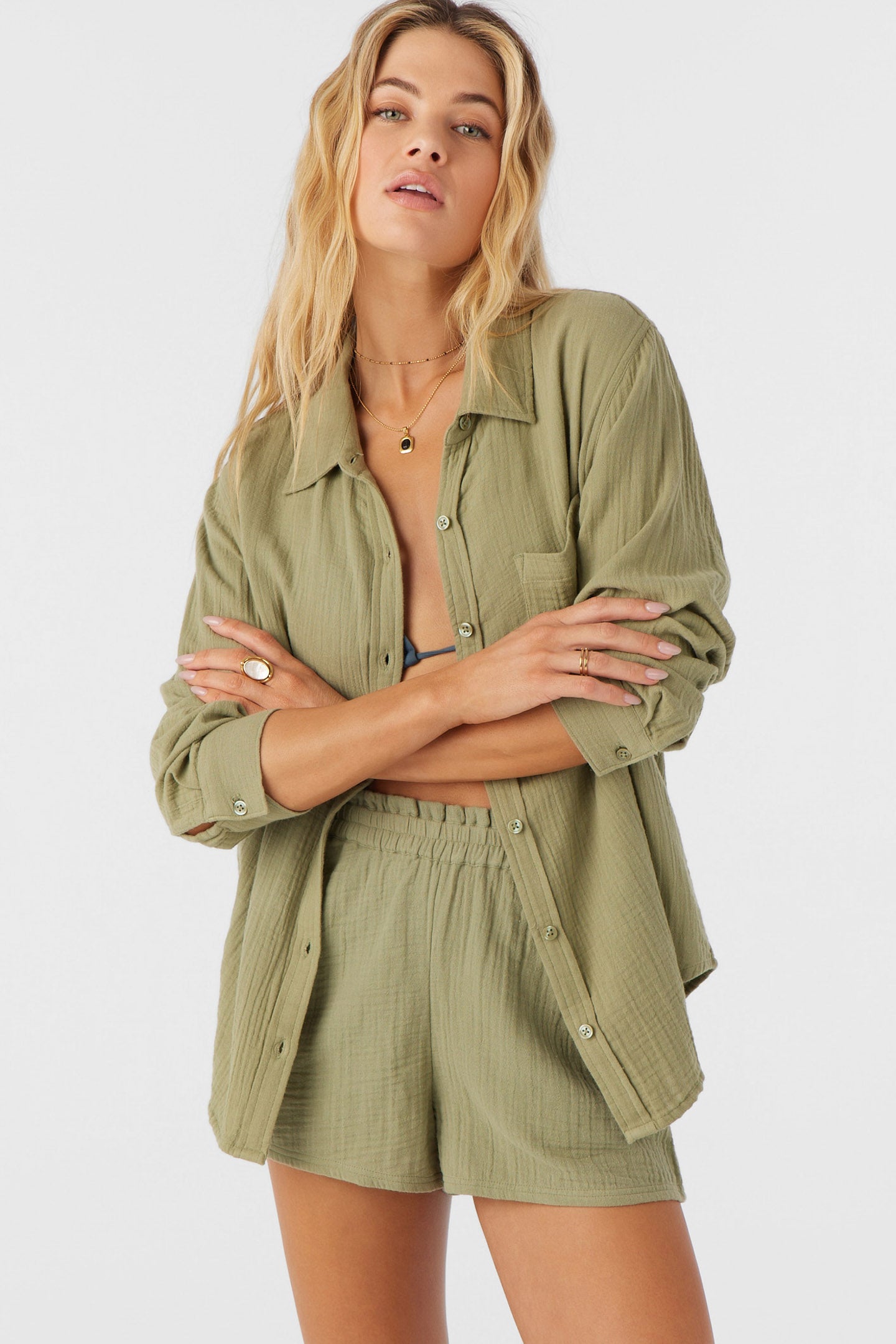 LENI CRINKLE DOUBLE GAUZE BUTTON DOWN SHIRT