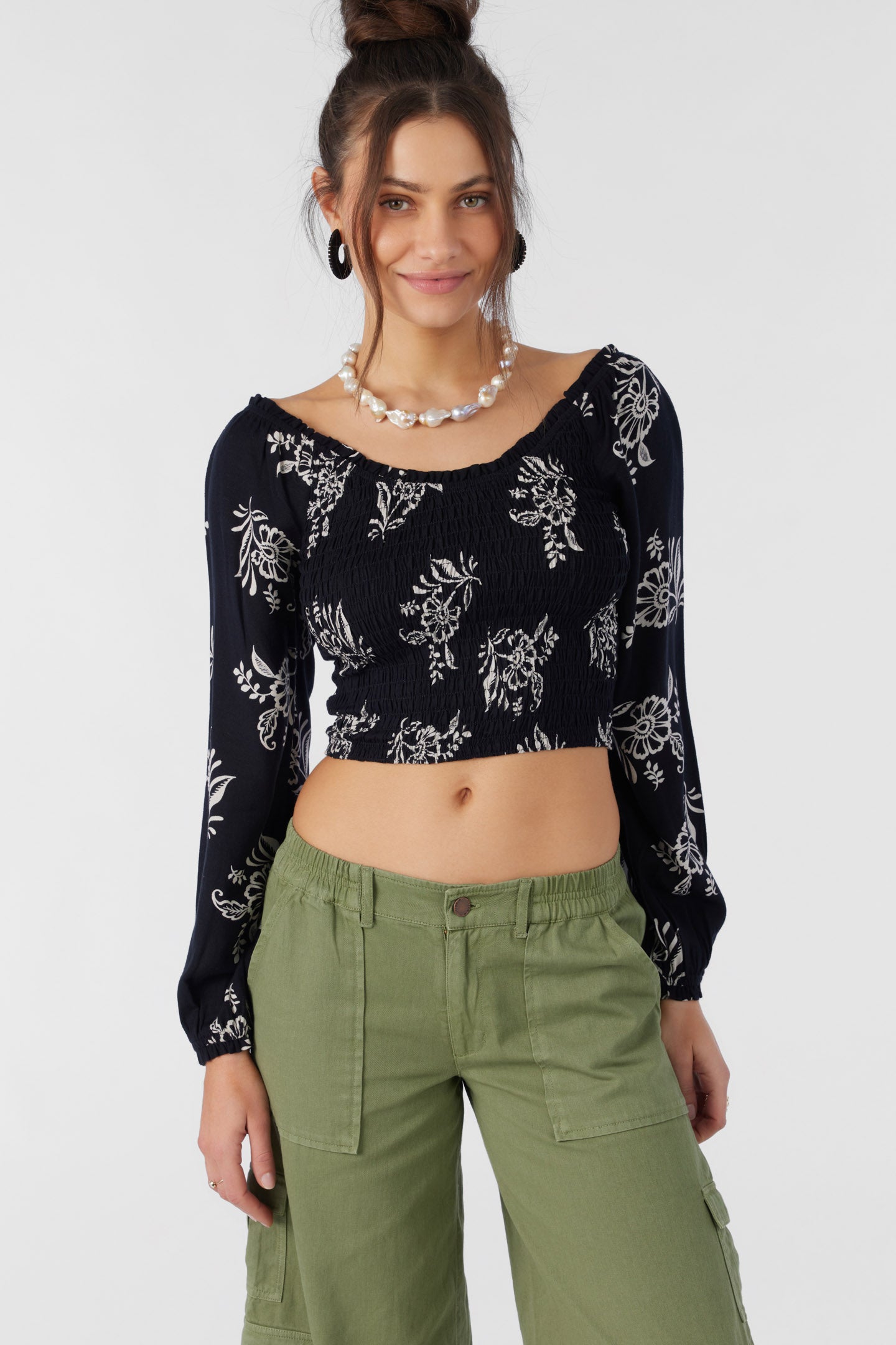 SANTI NADIA PAISLEY SMOCKED CROP TOP