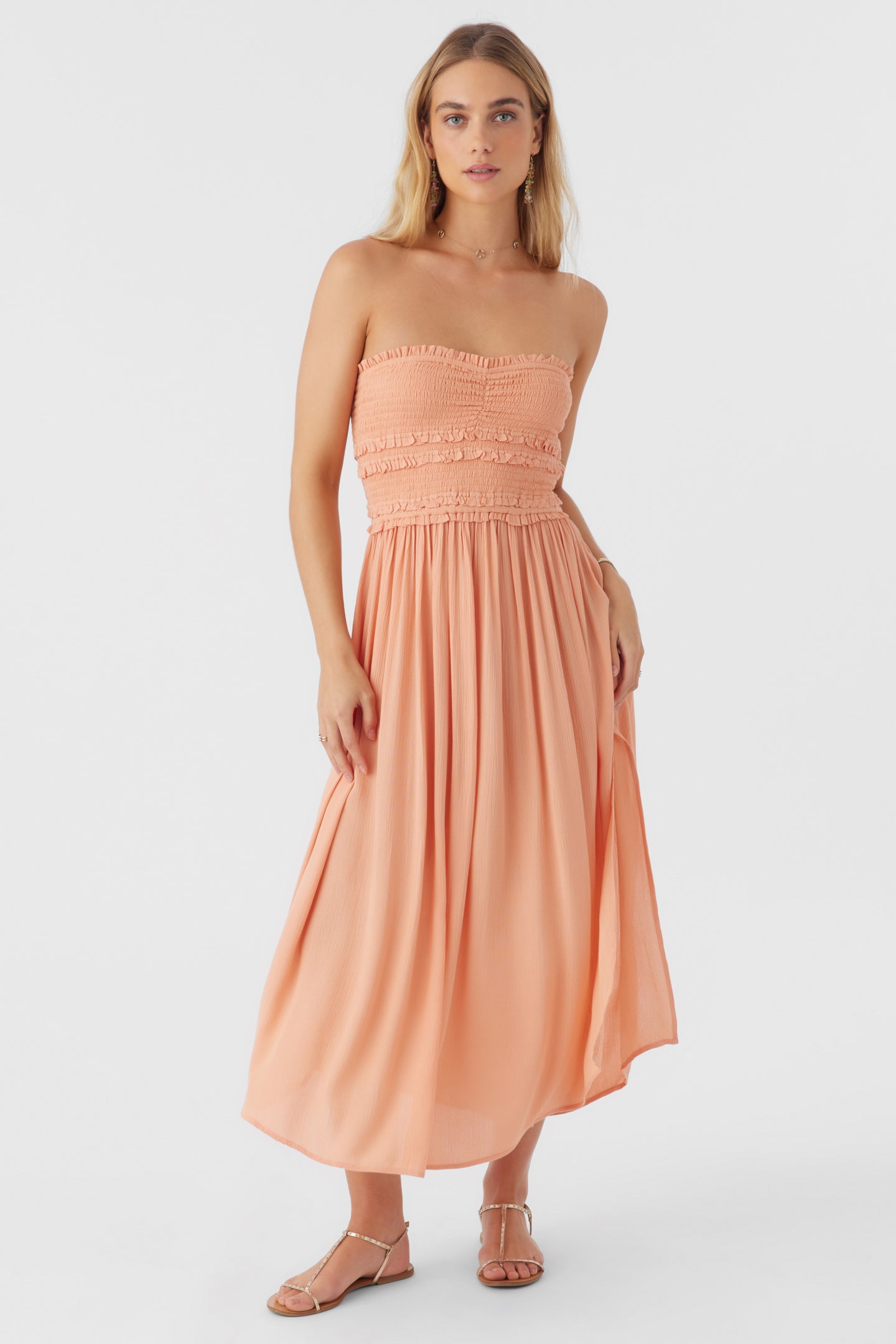 DEVYN SMOCKED STRAPLESS MIDI DRESS