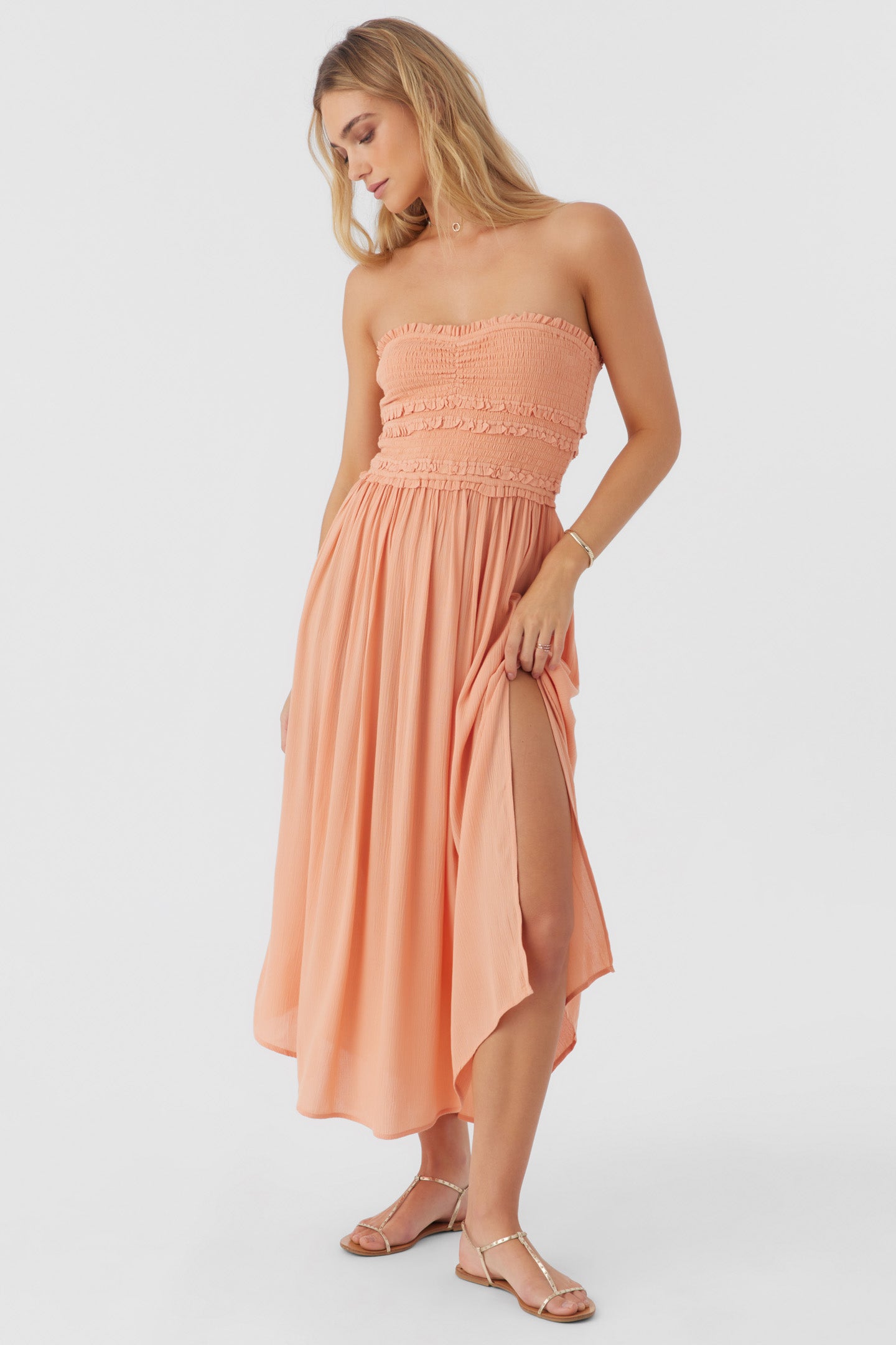 DEVYN SMOCKED STRAPLESS MIDI DRESS