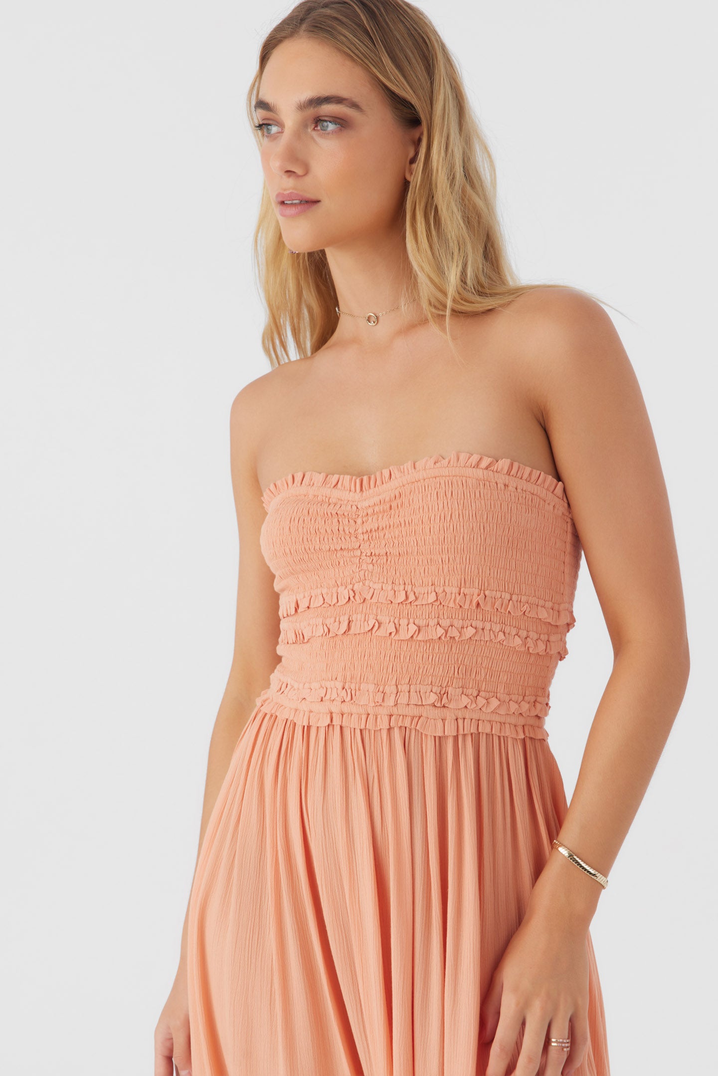 DEVYN SMOCKED STRAPLESS MIDI DRESS