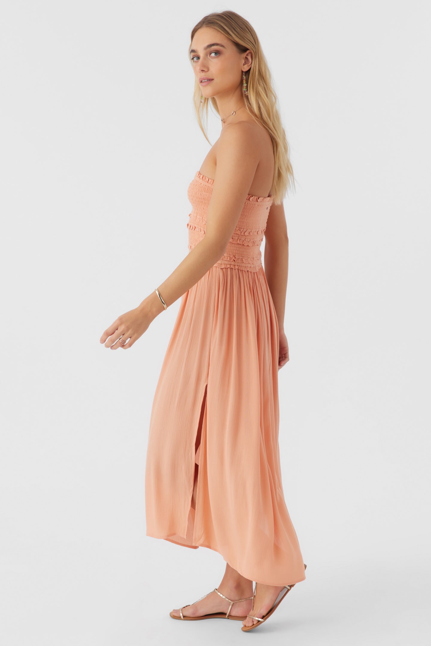 DEVYN SMOCKED STRAPLESS MIDI DRESS