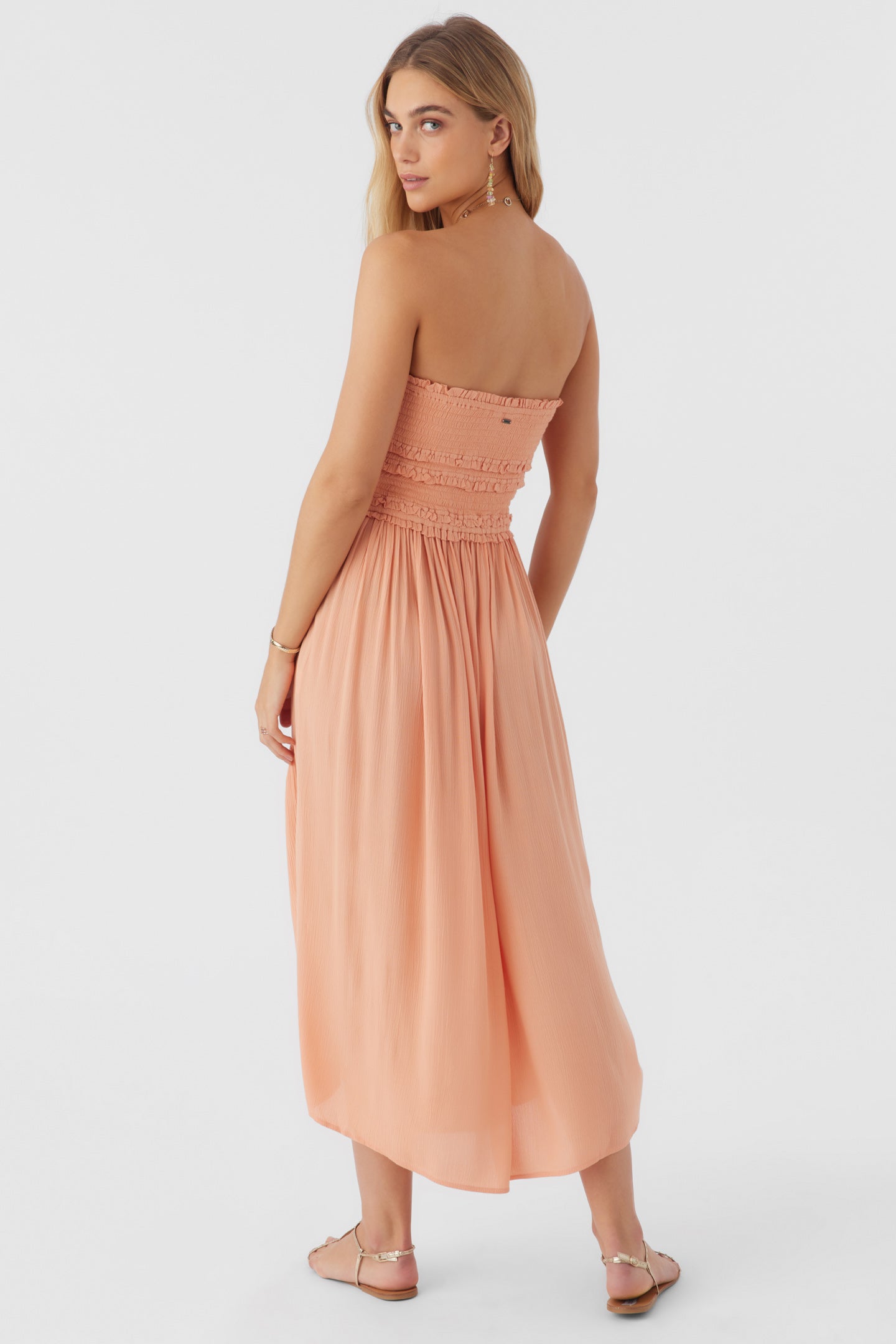 DEVYN SMOCKED STRAPLESS MIDI DRESS