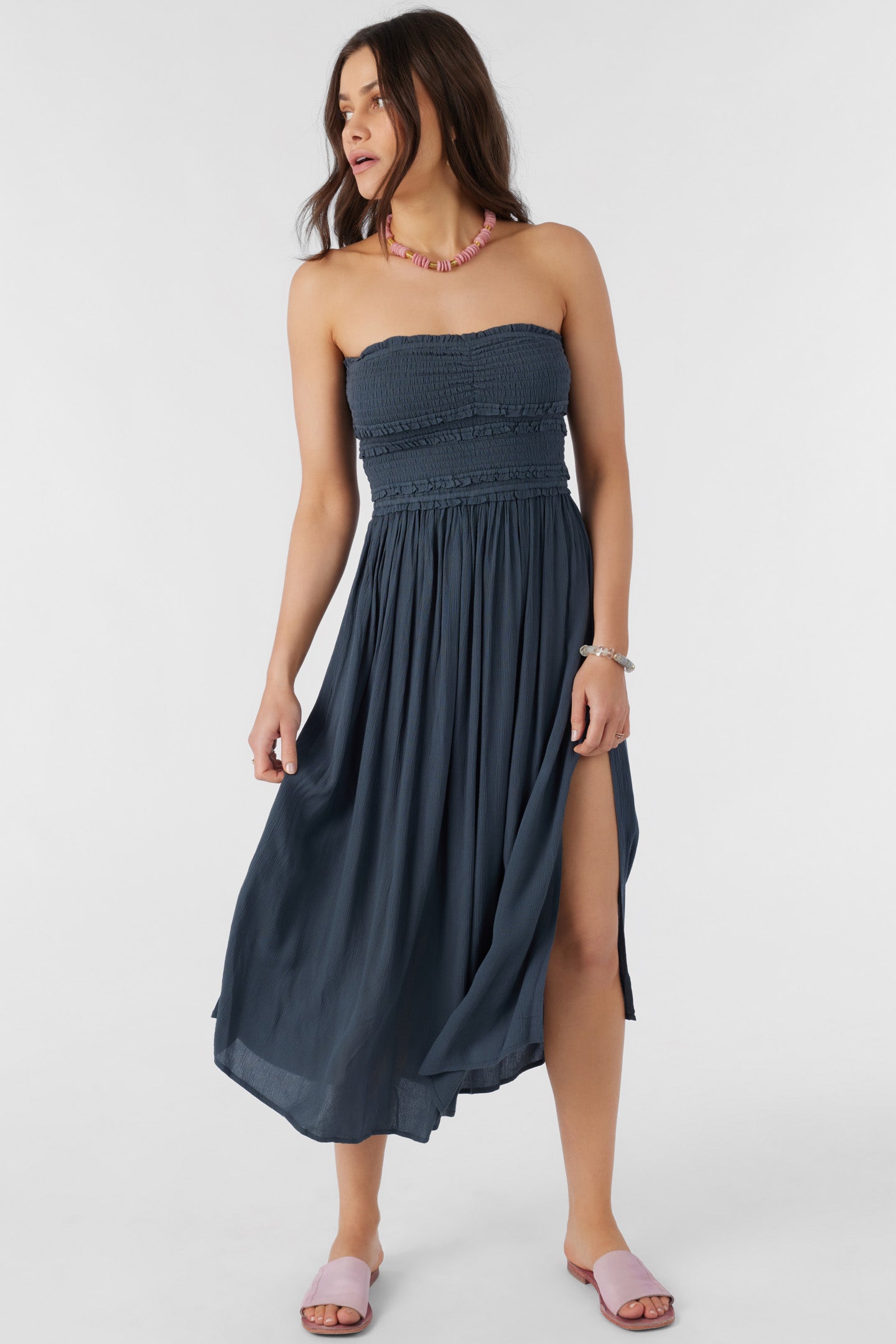 DEVYN SMOCKED STRAPLESS MIDI DRESS