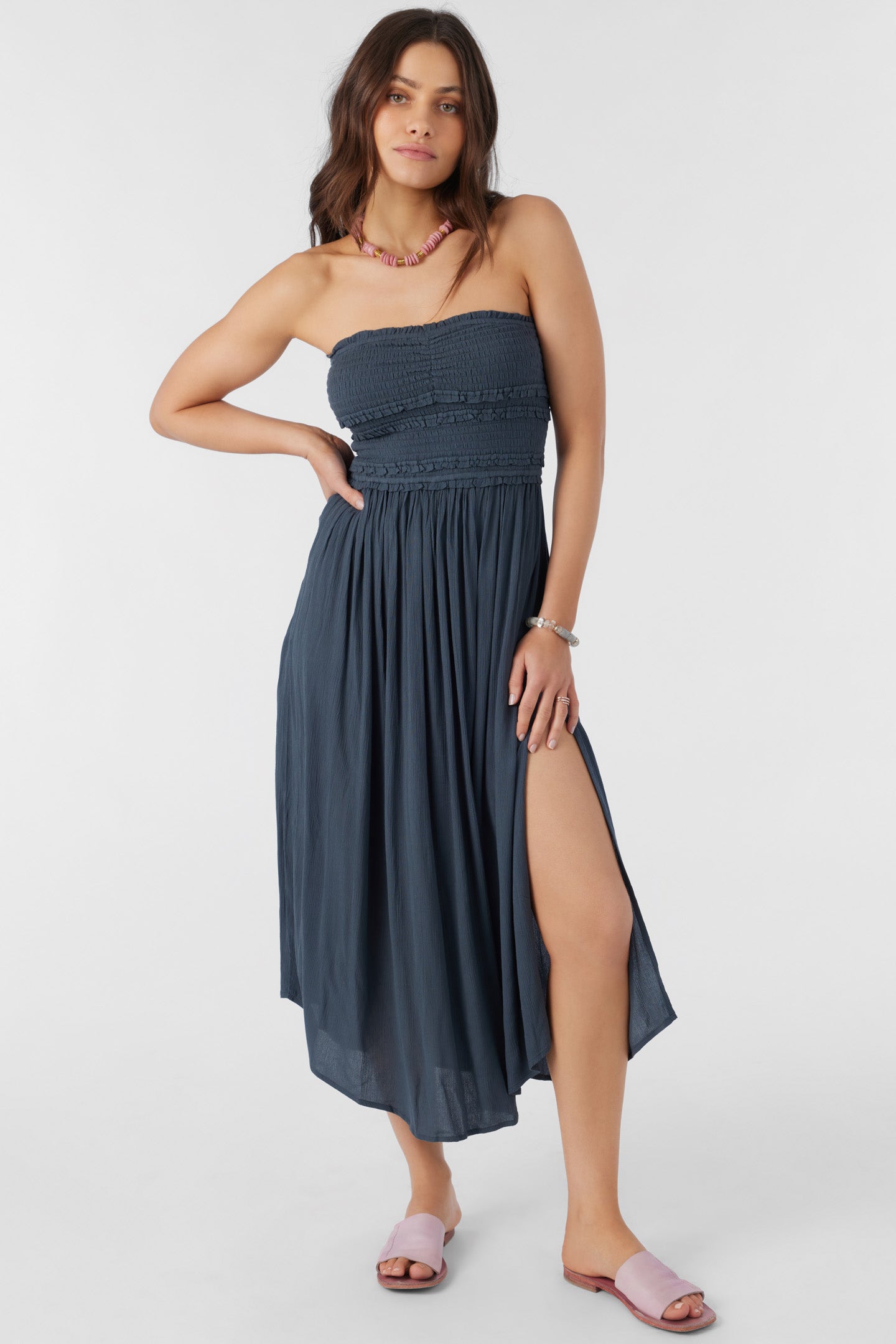 DEVYN SMOCKED STRAPLESS MIDI DRESS