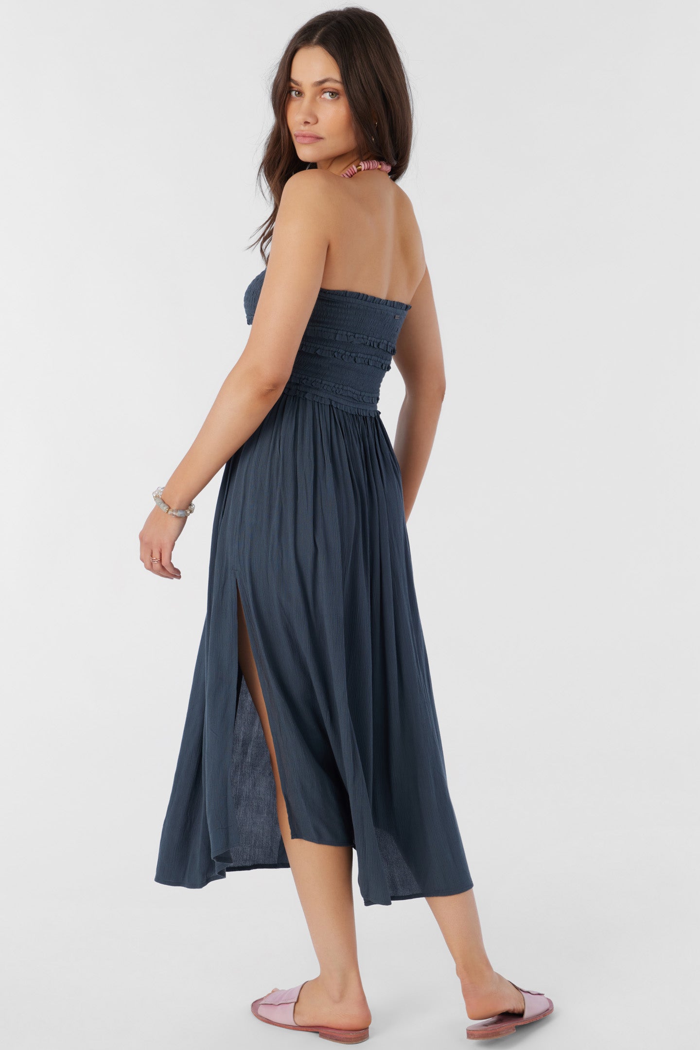 DEVYN SMOCKED STRAPLESS MIDI DRESS